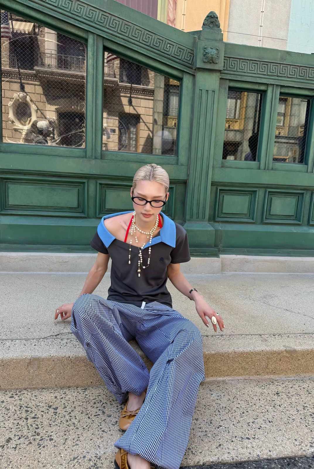 BLINDNOPLAN Cropped Irregular Shoulder Polo in Gray - On Model