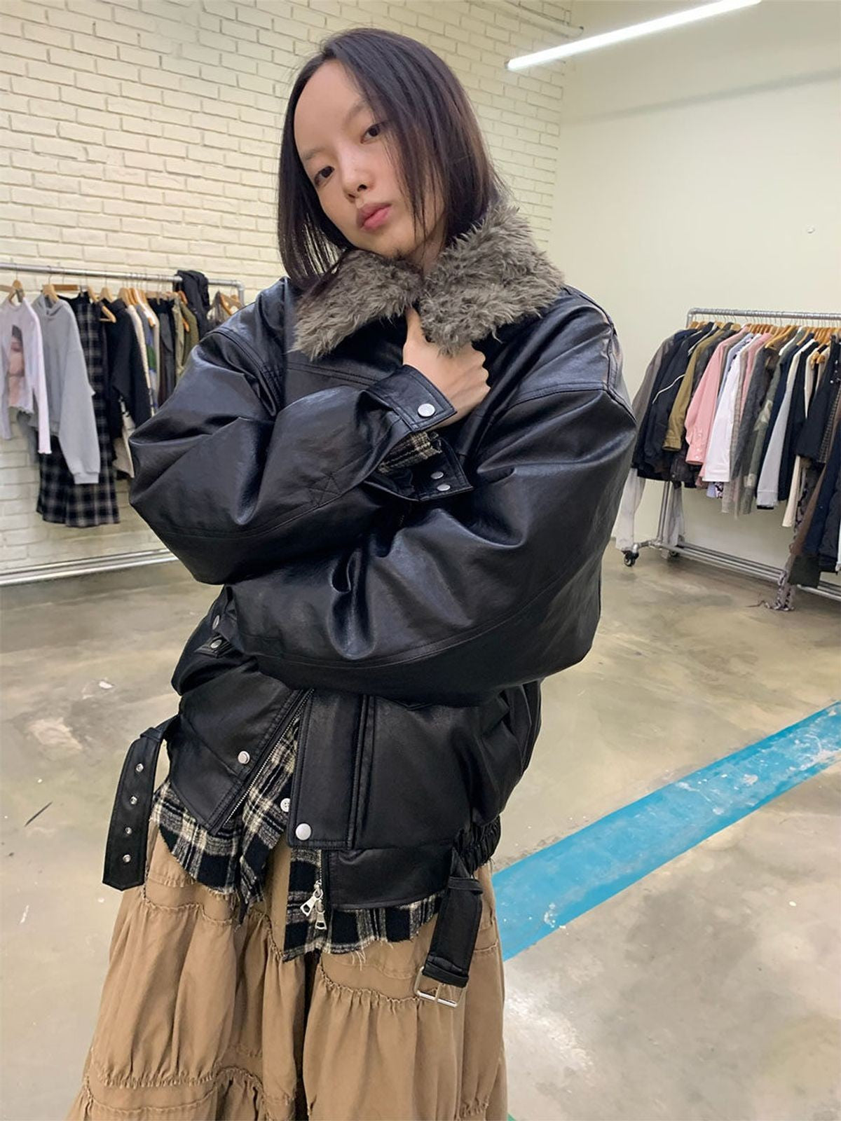 NeverSeez Fur Collar Faux Leather Down Jacket in Black - On Model