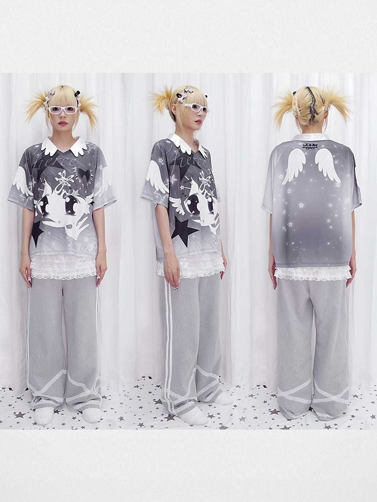 CFIERCE Lace Tiered Skirt Sweatpants in Gray - On Model