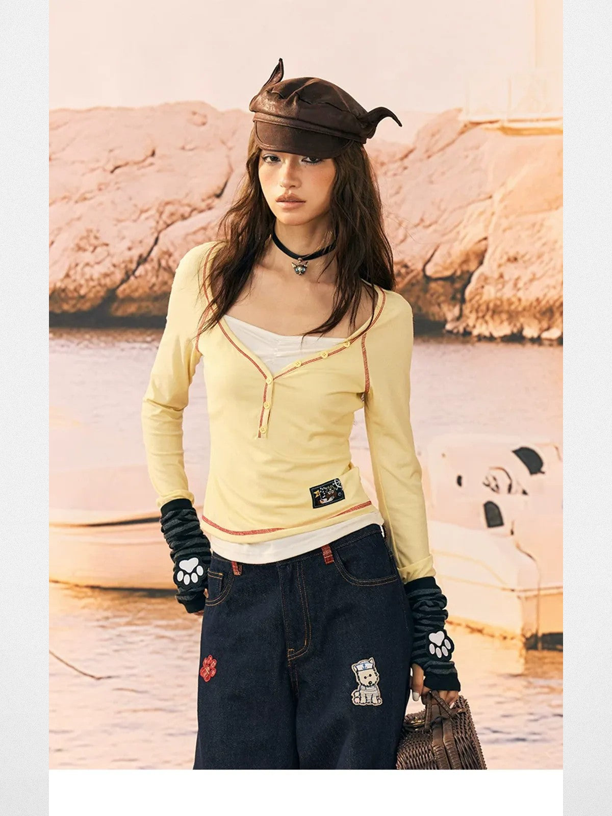 BeerBro Embroidered Plaid Cuff Jeans in Navy - On Model