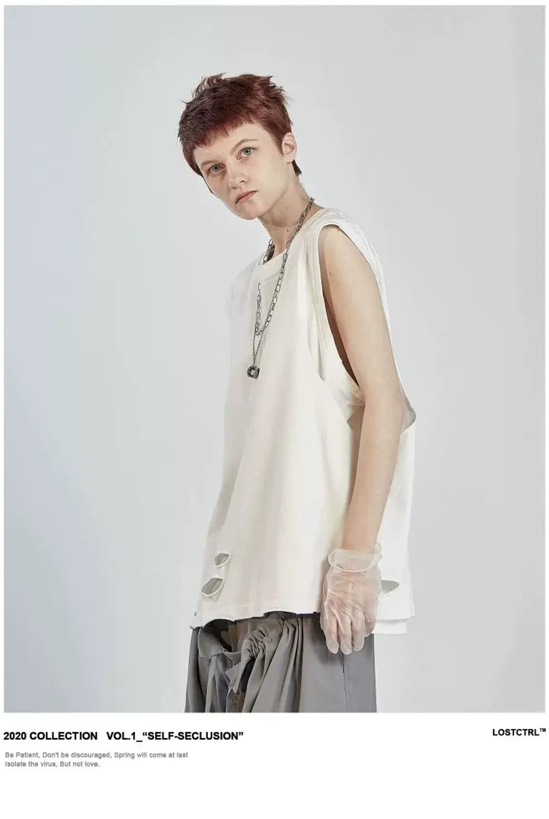 LOSTCTRL Asymmetric Distressed Layered Tank in White