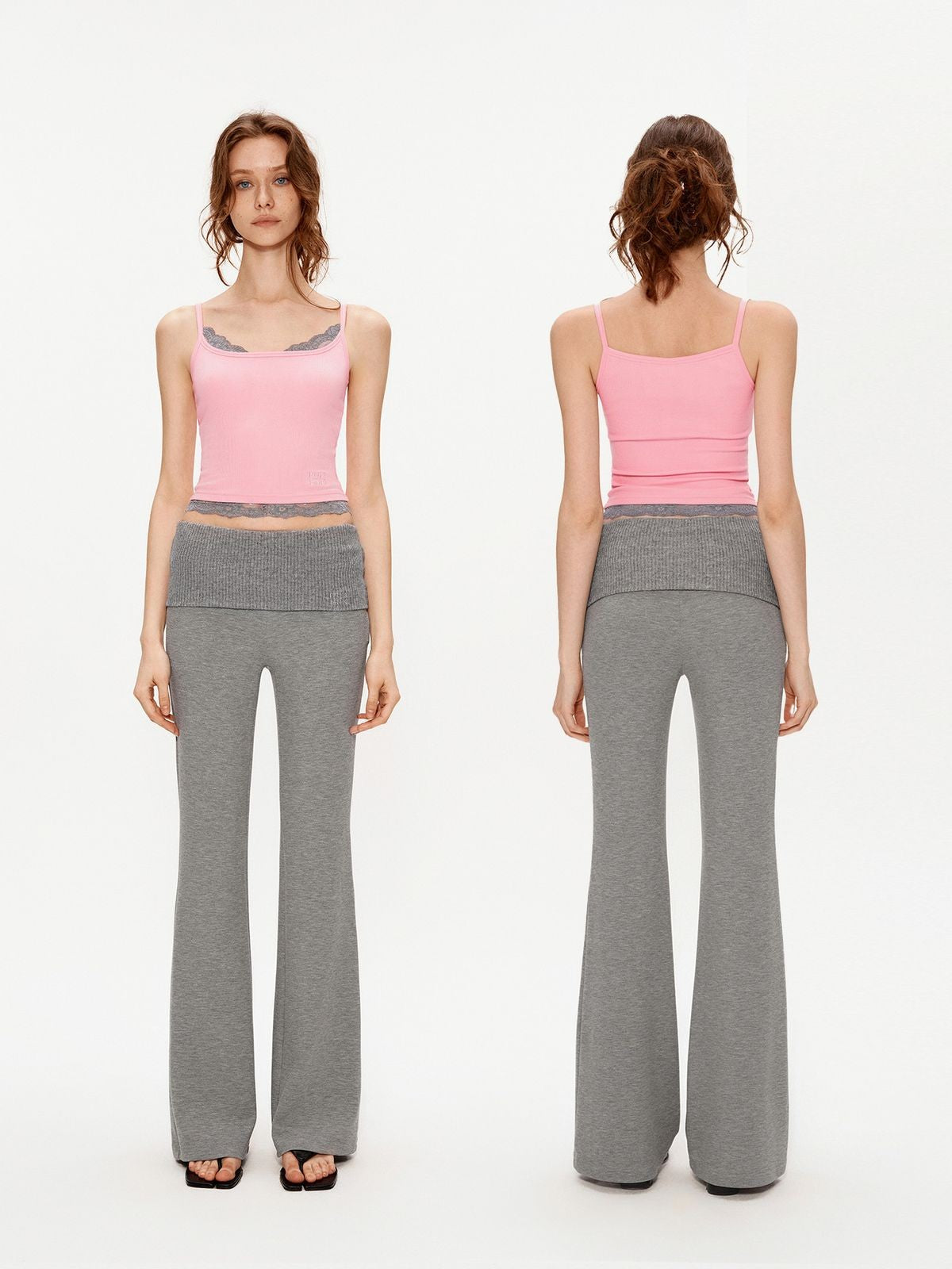 PUKI Ribbed Waist Micro Flare Pants in Gray - On Model