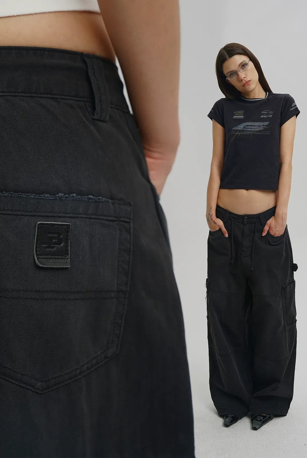 MASONPRINCE Distressed Wide Leg Cargo Pants in Gray - On Female Model#color_gray
