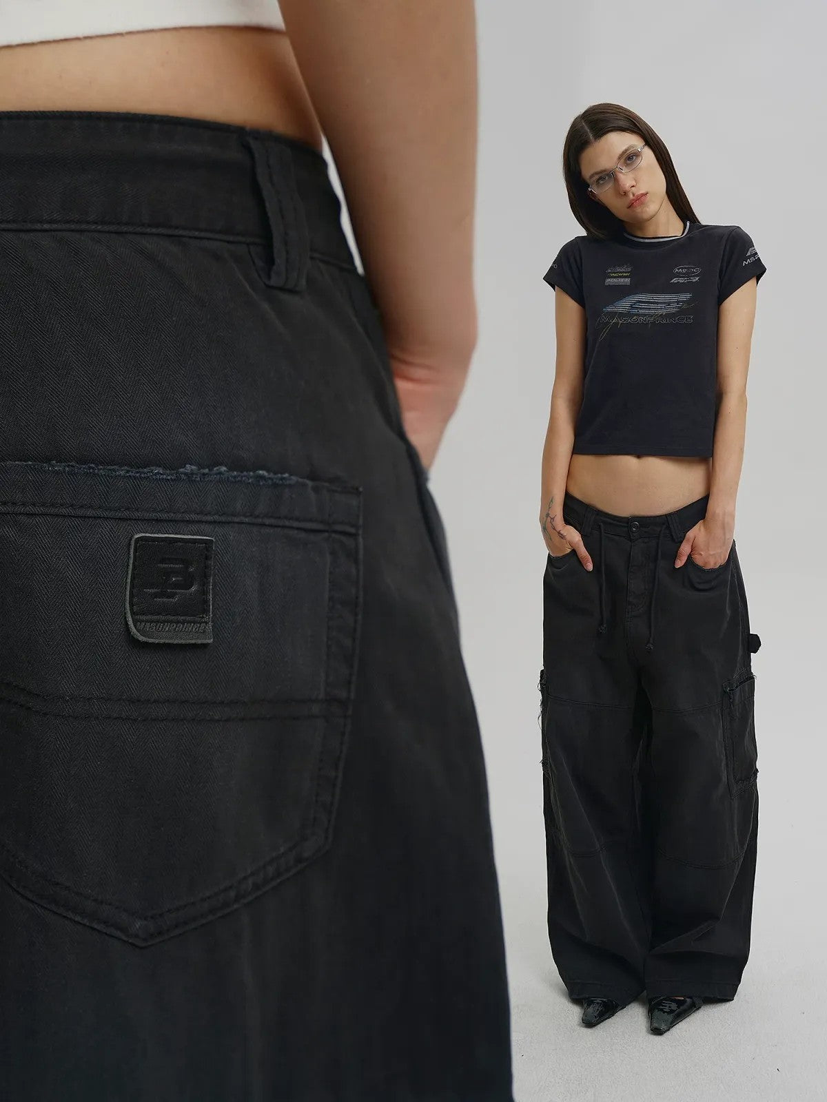 MASONPRINCE Distressed Wide Leg Cargo Pants in Gray - On Model