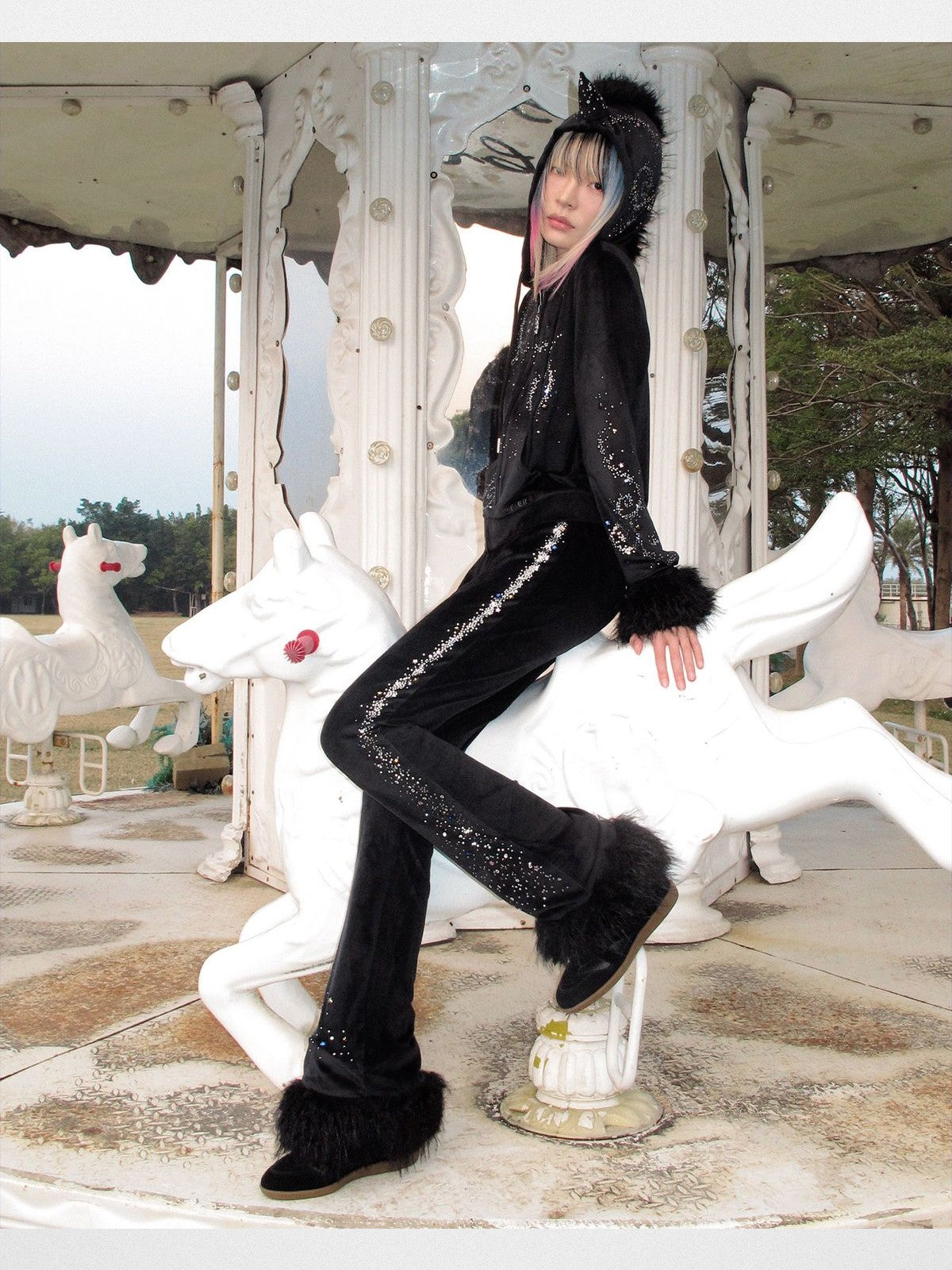 CFIERCE Rhinestone Velvet Flared Pants in Black - On Model