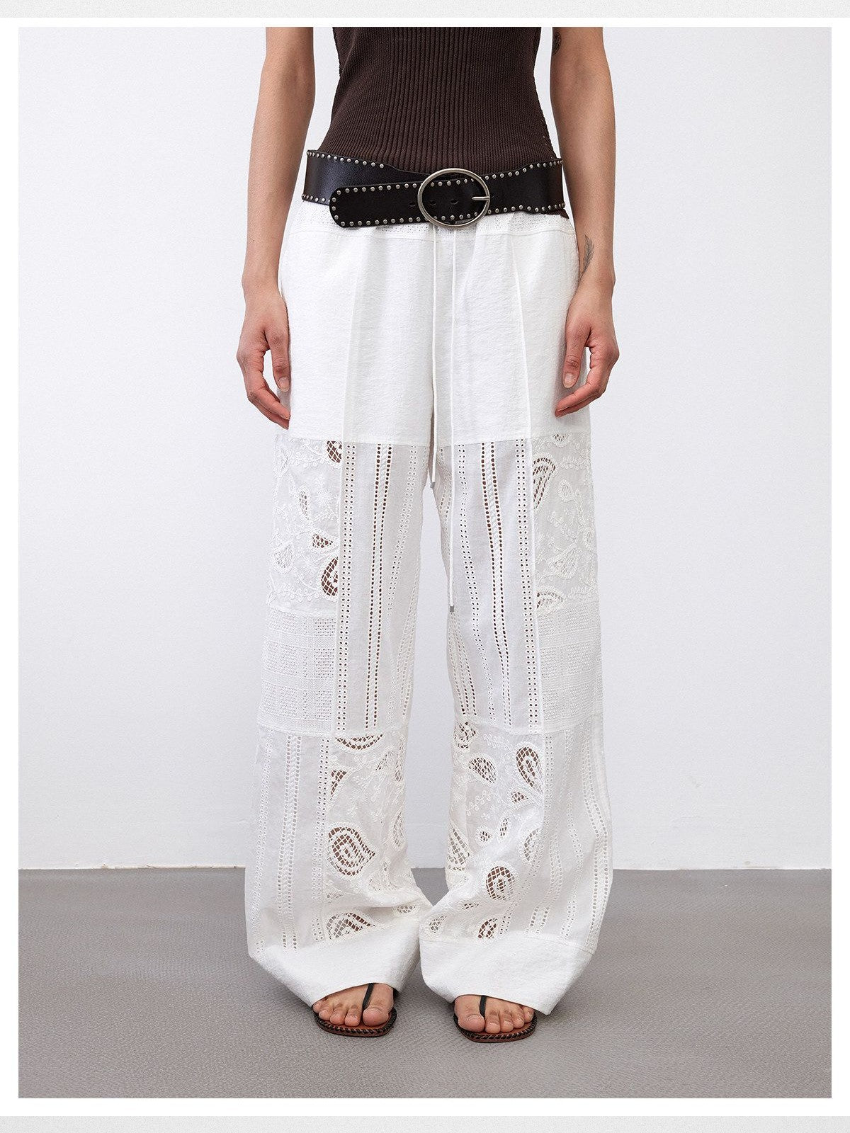 RandomPiece Hollow Out Embroidered Pants in White - On Model