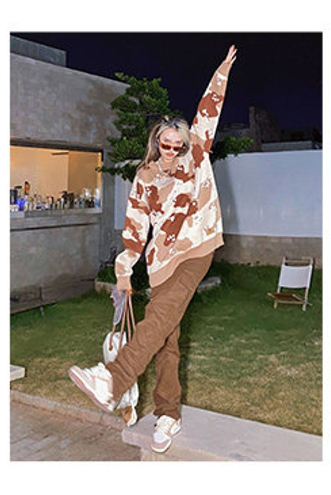 BeerBro Oversized Camo Knit Sweater in Beige