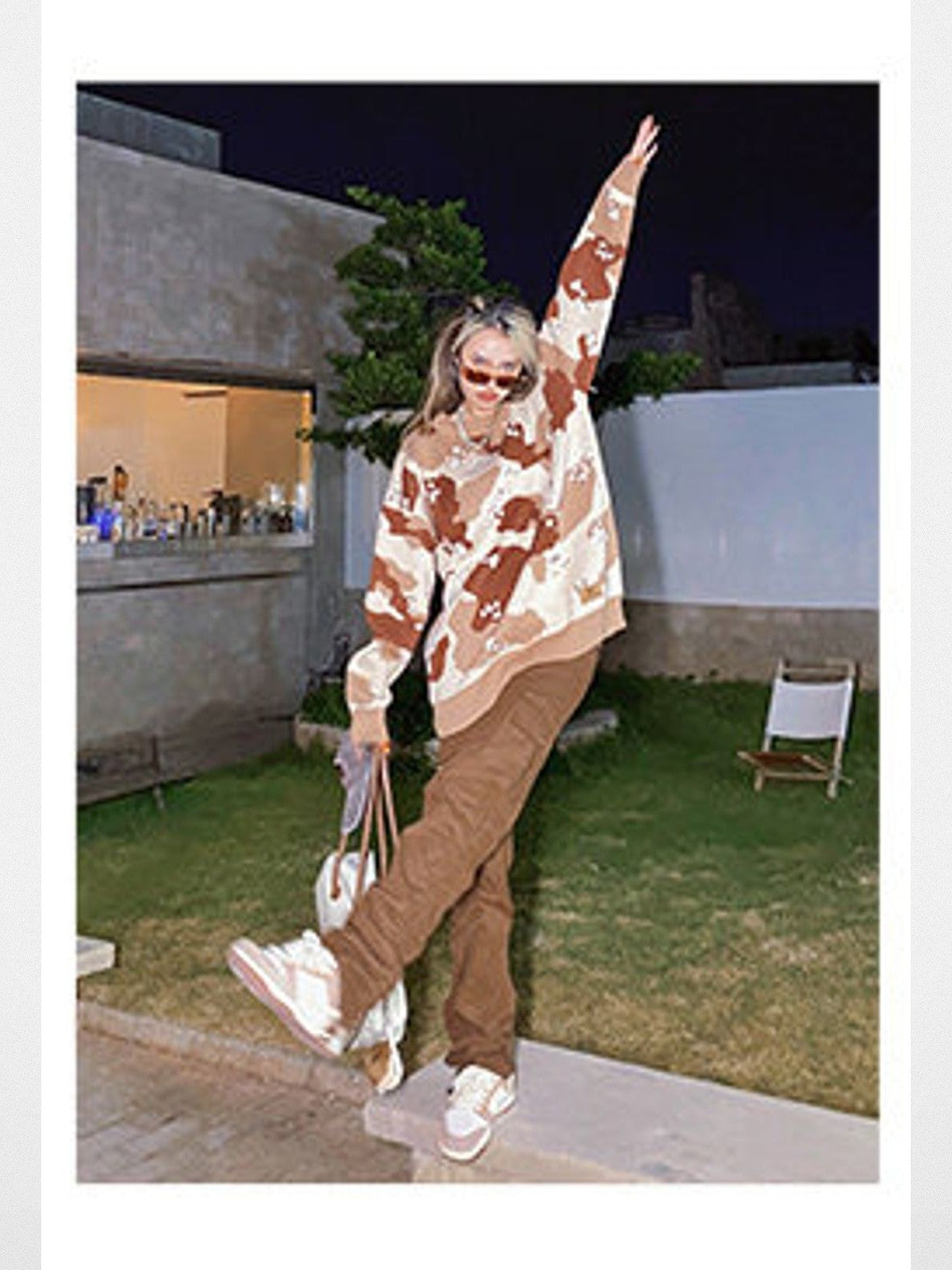 BeerBro Oversized Camo Knit Sweater in Beige