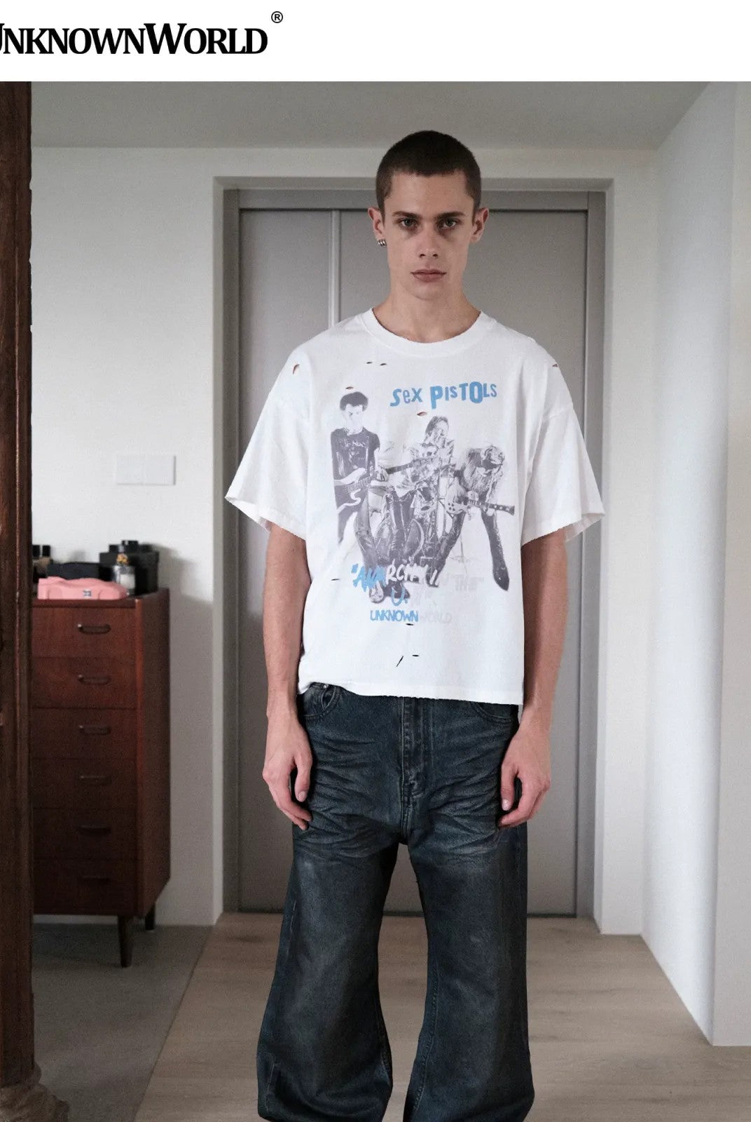 UNKNOWNWORLD Oil Stain Mud Dye Straight Jeans in Blue - On Model