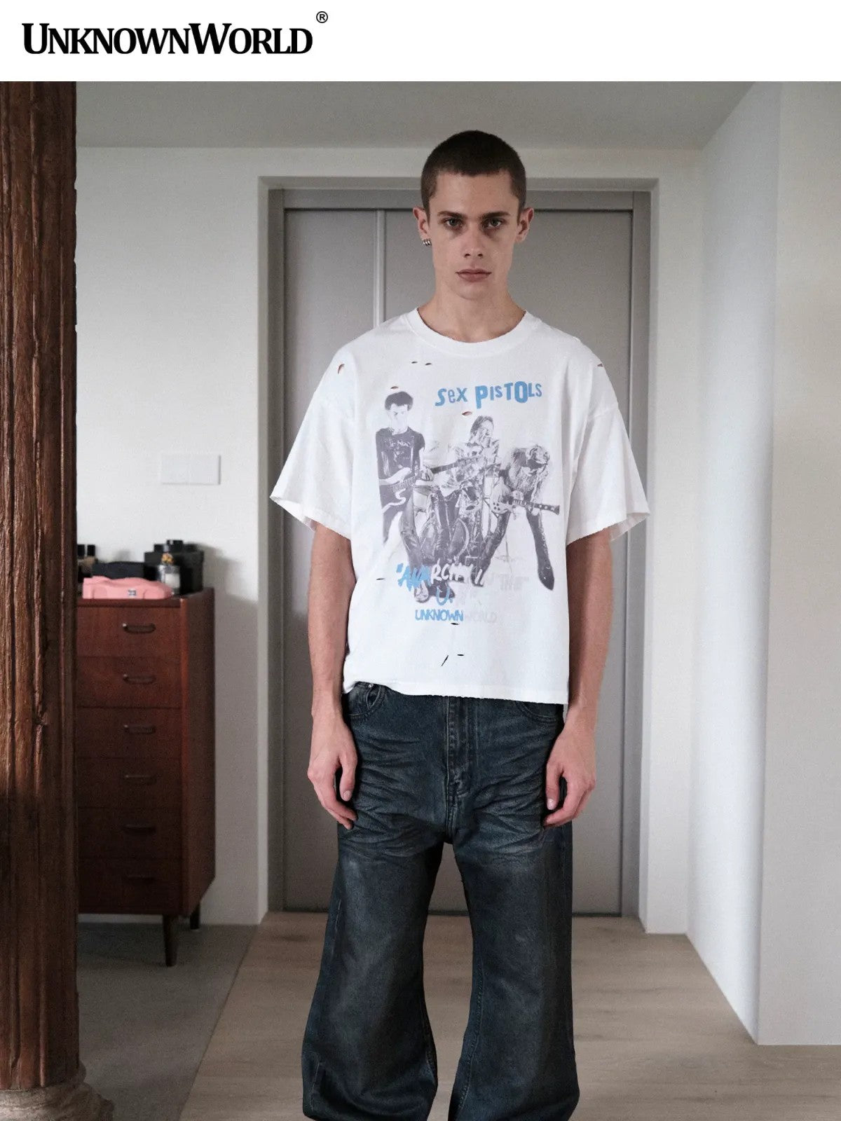 UNKNOWNWORLD Oil Stain Mud Dye Straight Jeans in Blue - On Model