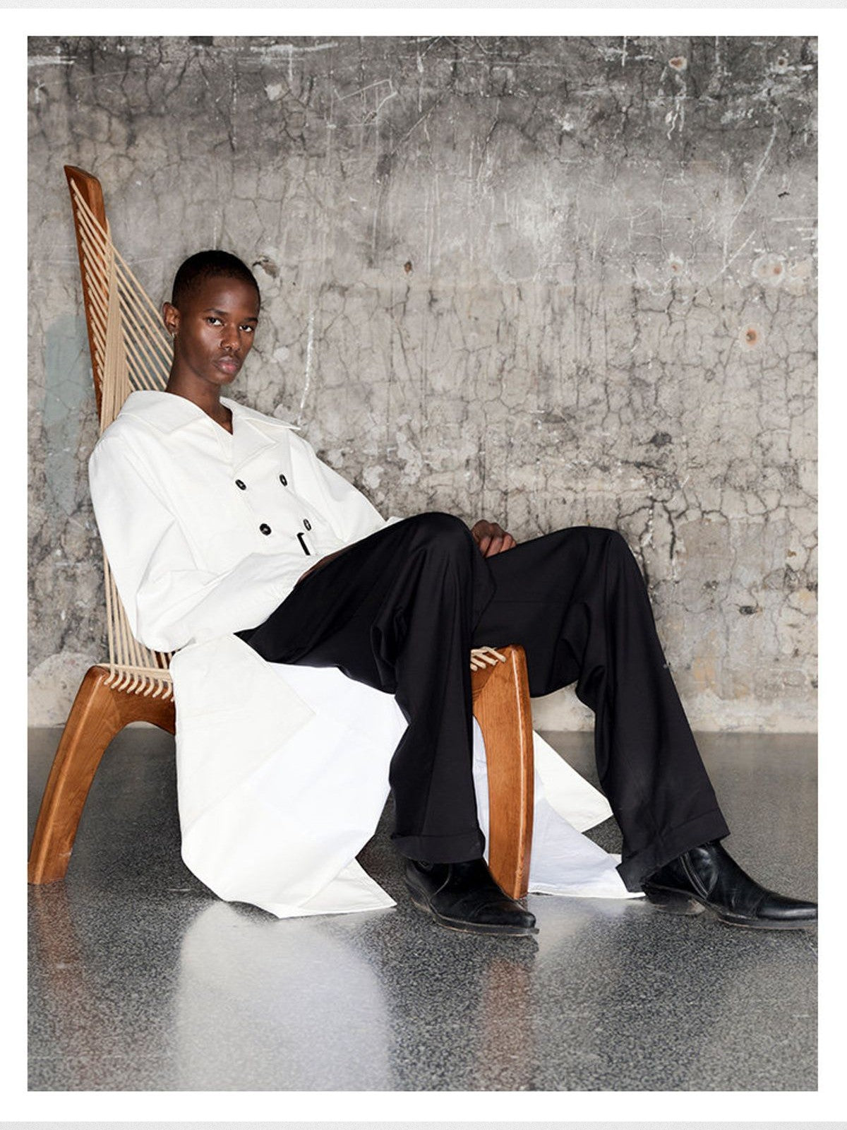 TRIANGLE PROJECT Deconstructed Double Breasted Jacket in White - On Model