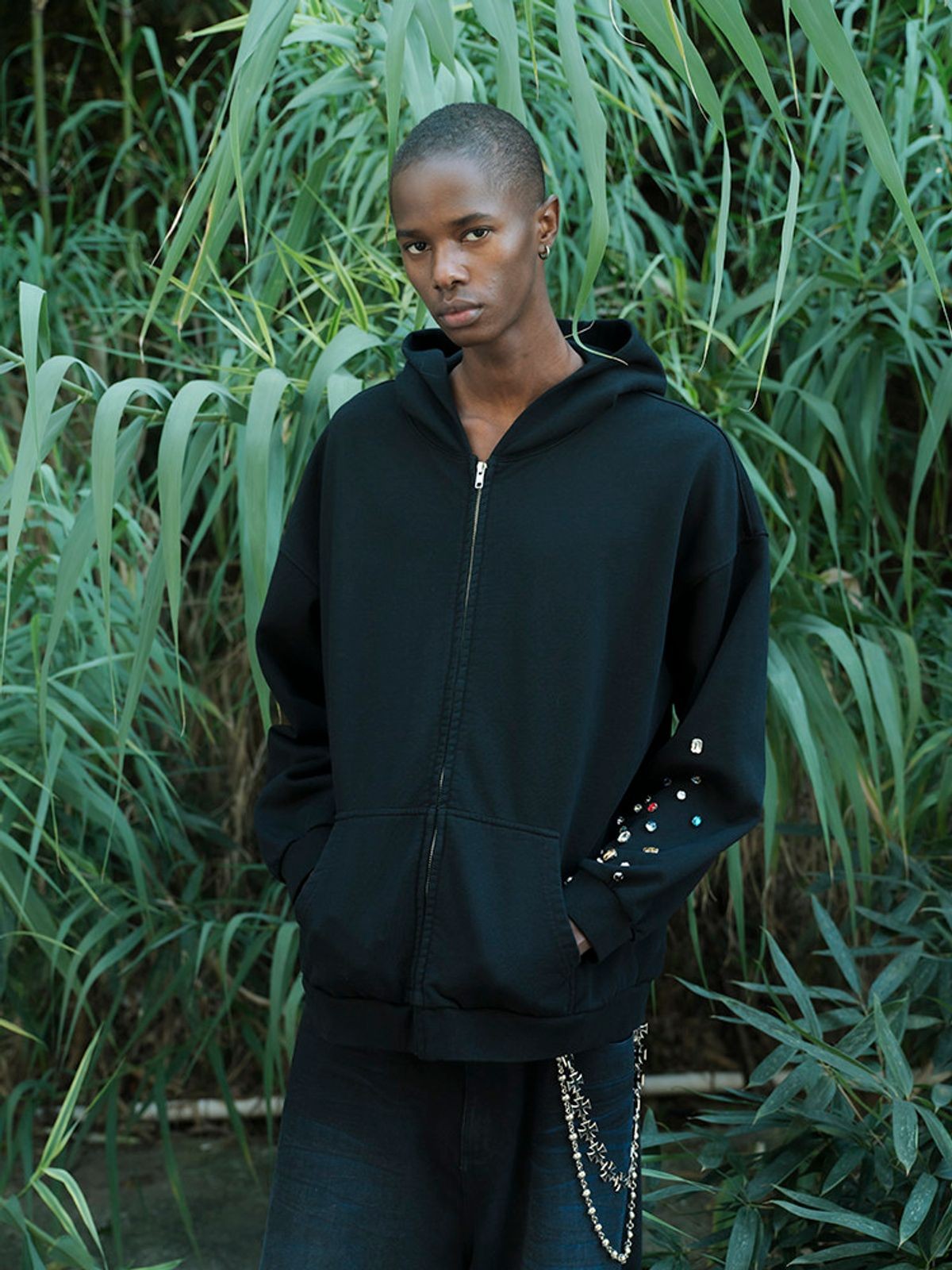 TRIANGLE PROJECT Gemstone Embellished Zip Hoodie in Black - On Model