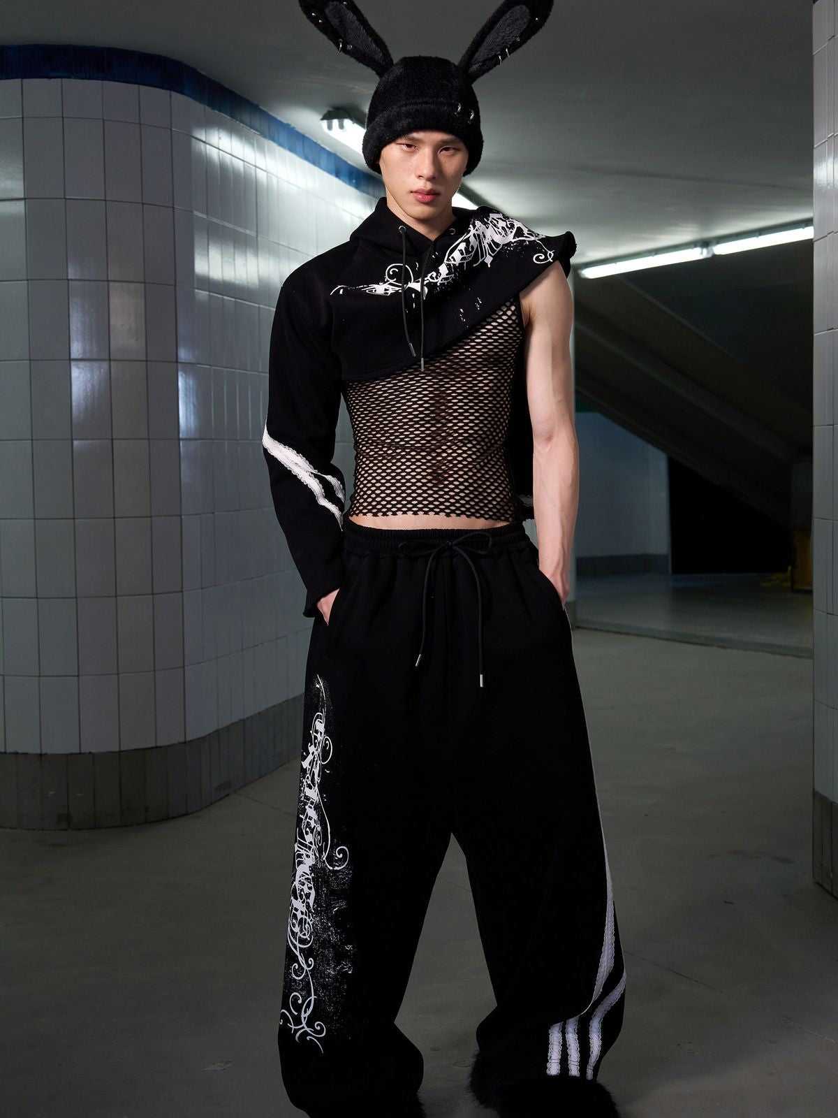 CFIERCE Paint Splash Lace Detail Joggers in Black - On Male Model