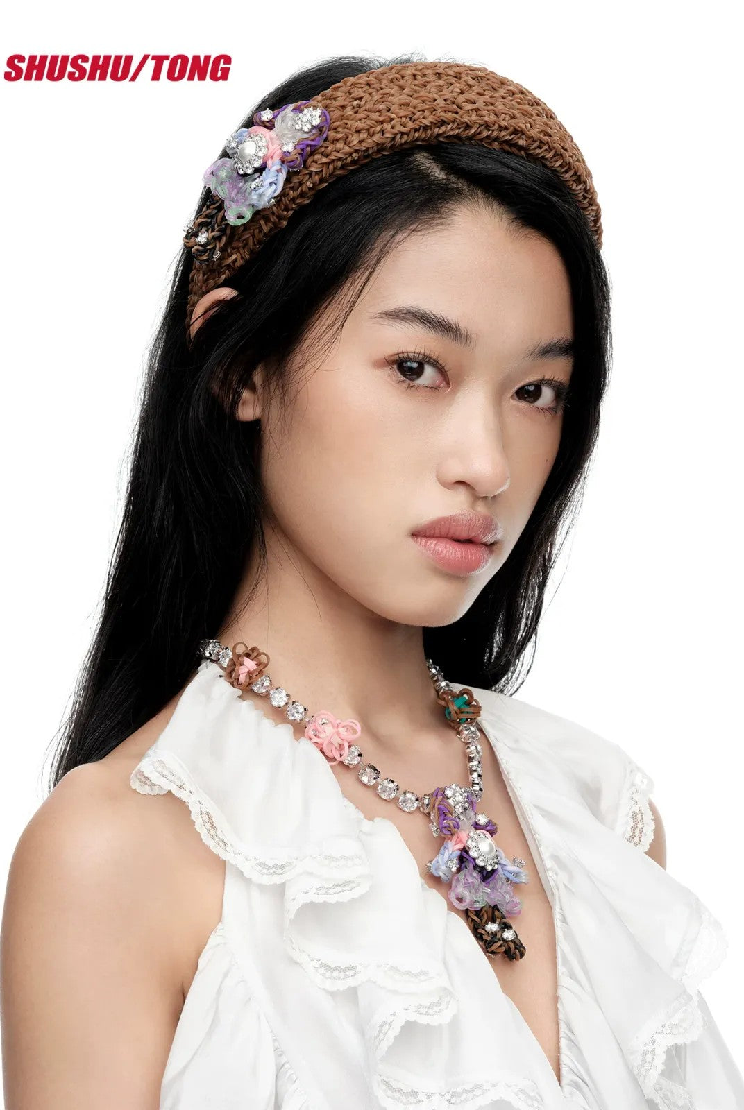 SHUSHU/TONG Zircon Rubber Band Girl Necklace in Gray - On Model