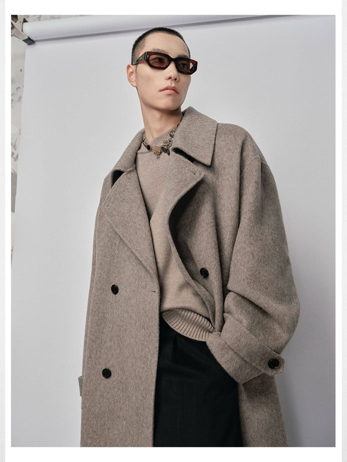 Nans Handmade Double Faced Wool Coat in Beige - On Male Model
