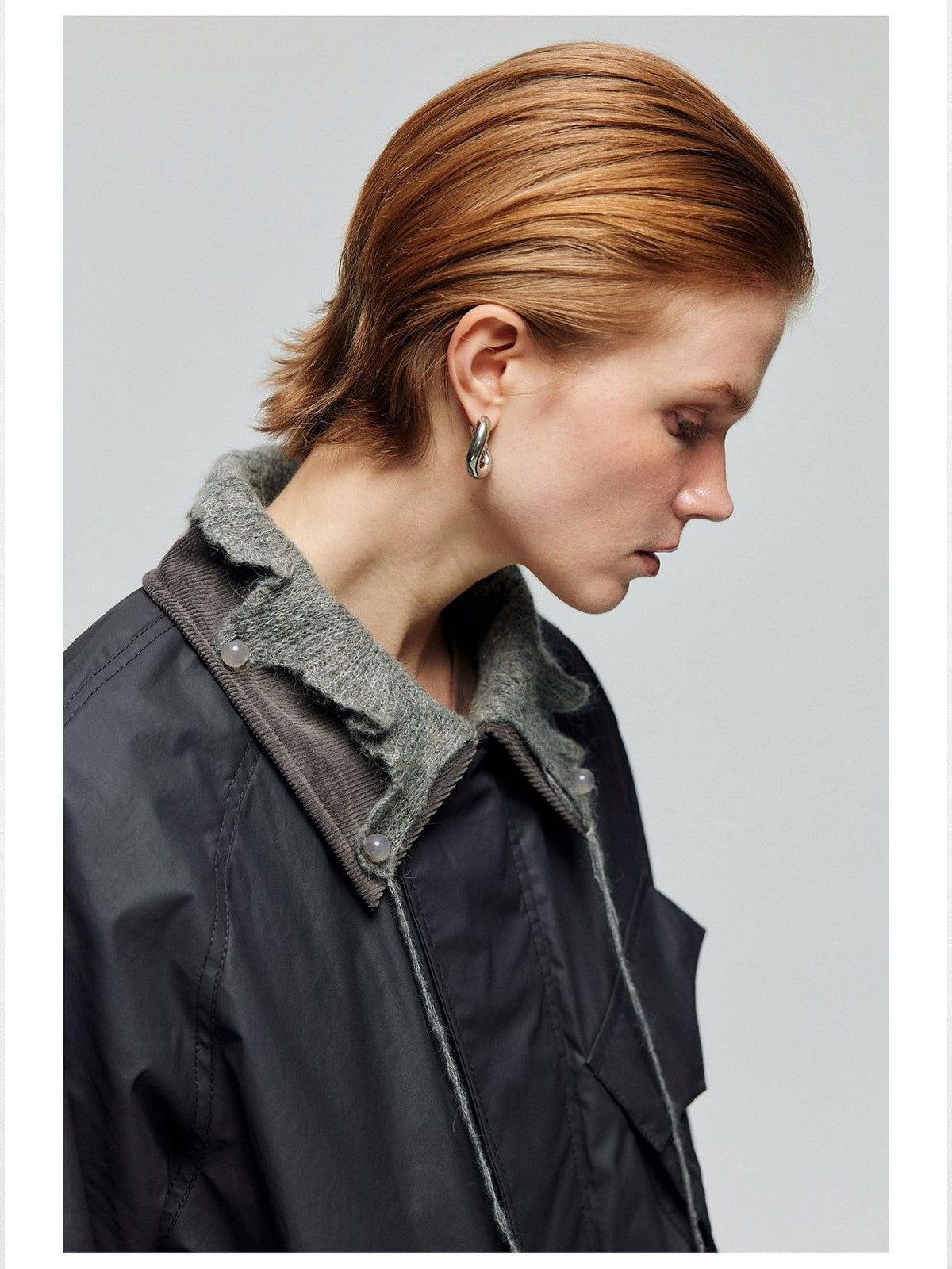 Simple Project Waxed Knit Collar Safari Jacket in Gray - On Female Model