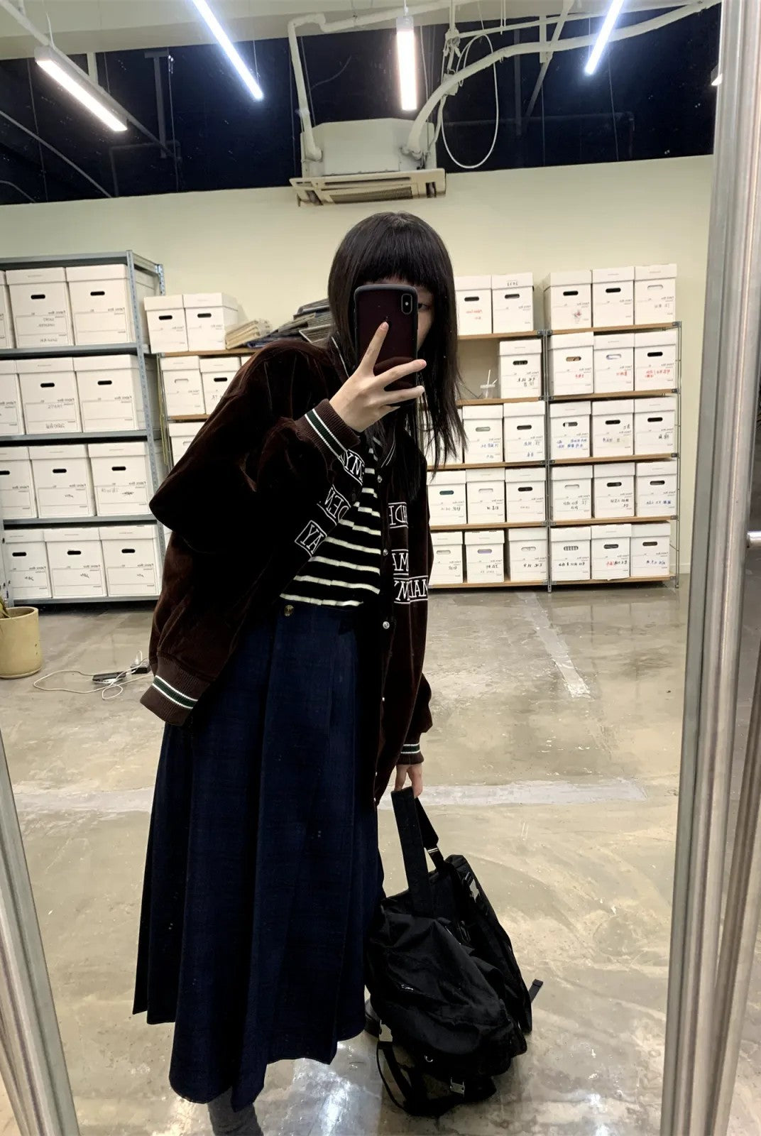 NeverSeez Velvet Corduroy Padded Varsity Jacket in Brown - On Model