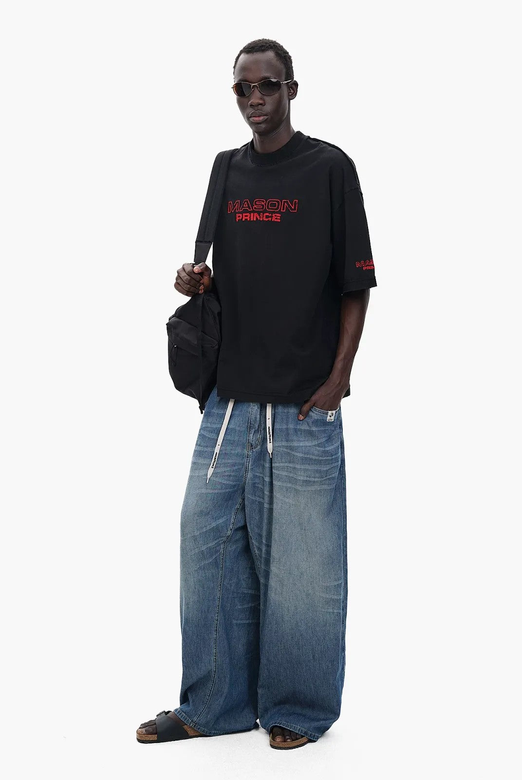 MASONPRINCE Double Layer Collar Embroidered Tee in Black - On Model