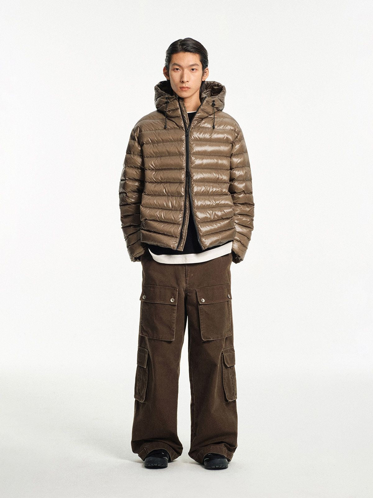 NANS Glossy Nylon Hooded Down Puffer in Beige - On Model