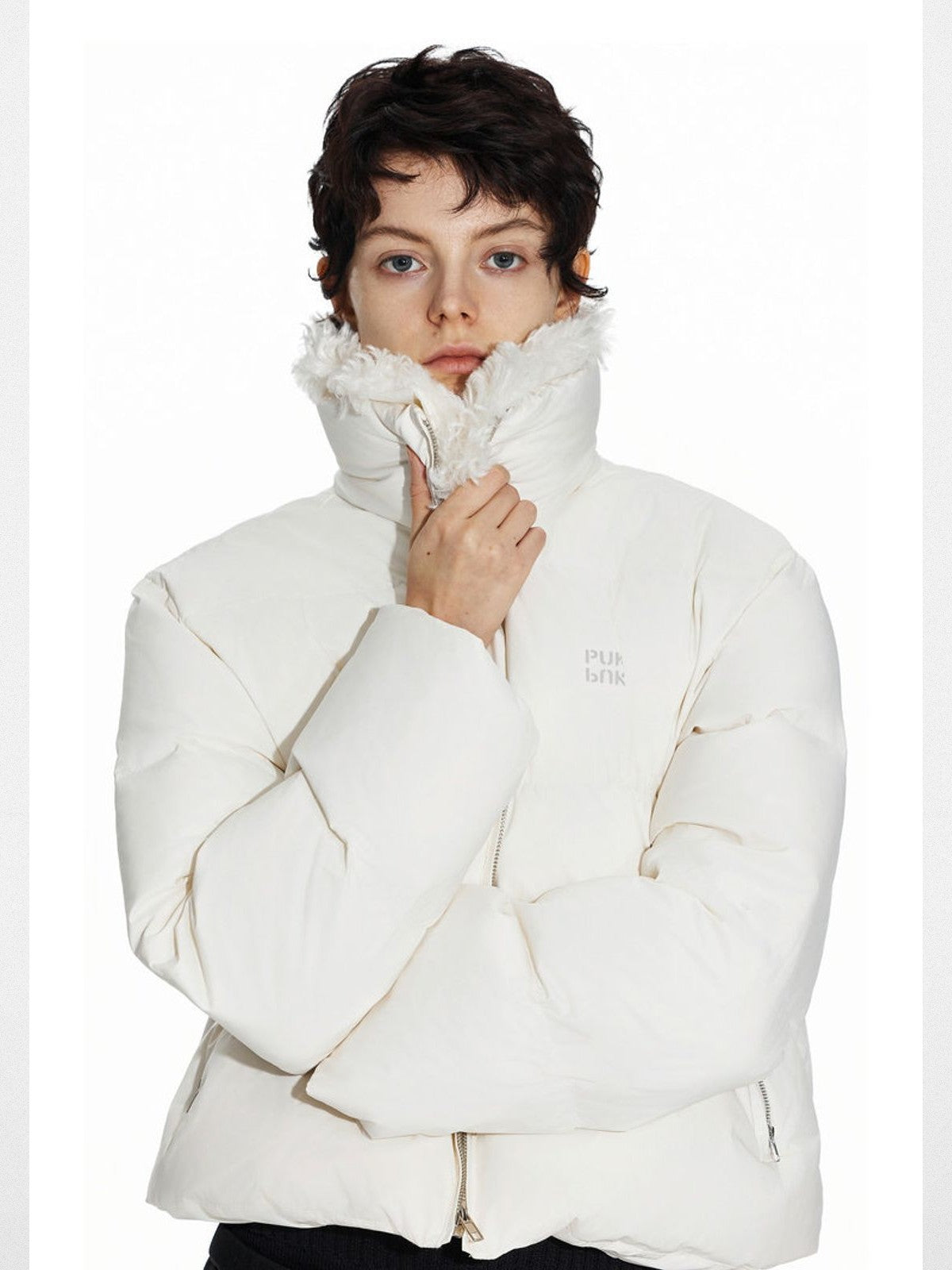 PUKI Cropped Down Puffer with Fur Collar in White - On Model