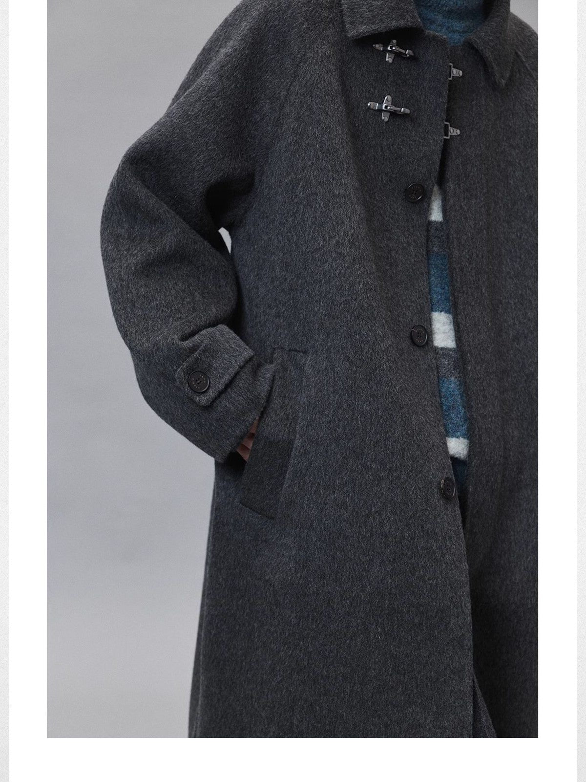 NANS Metal Buckle Wool Balmacaan in Gray - On Model