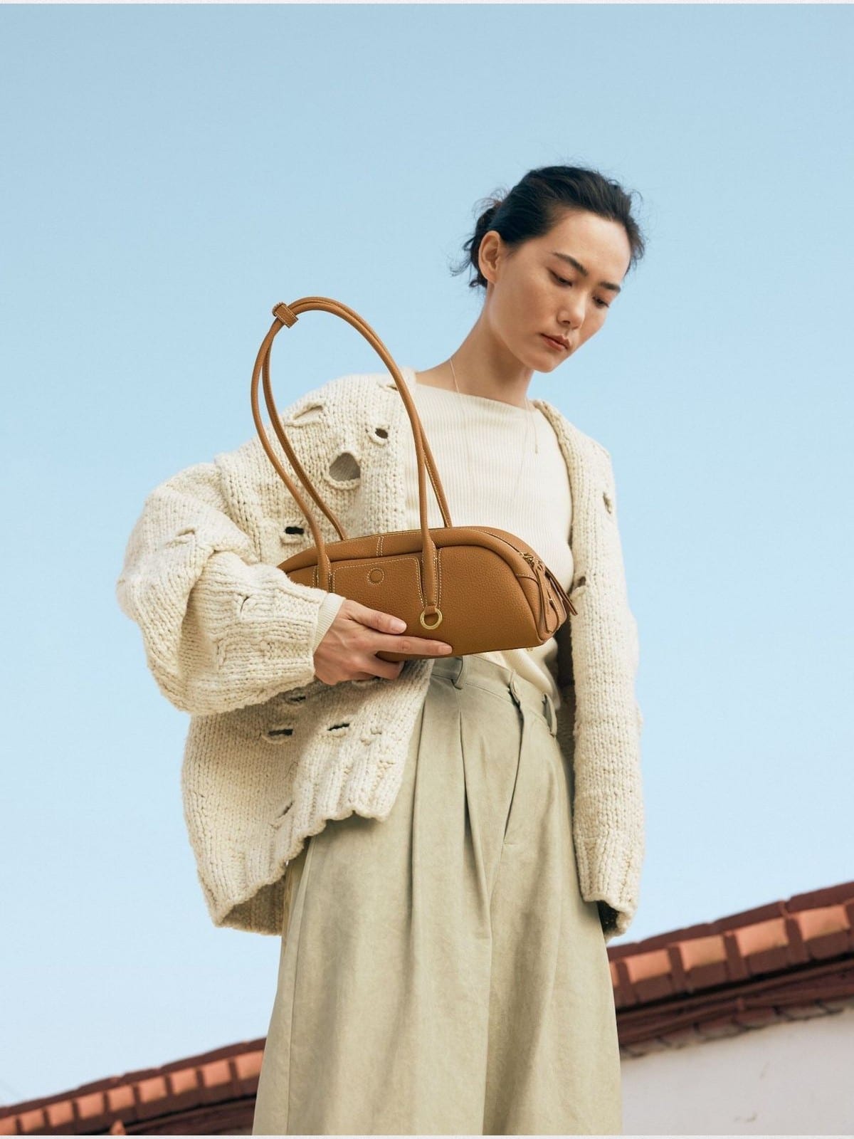 Songmont Small Nappa Leather Bowling Bag in Brown - On Model