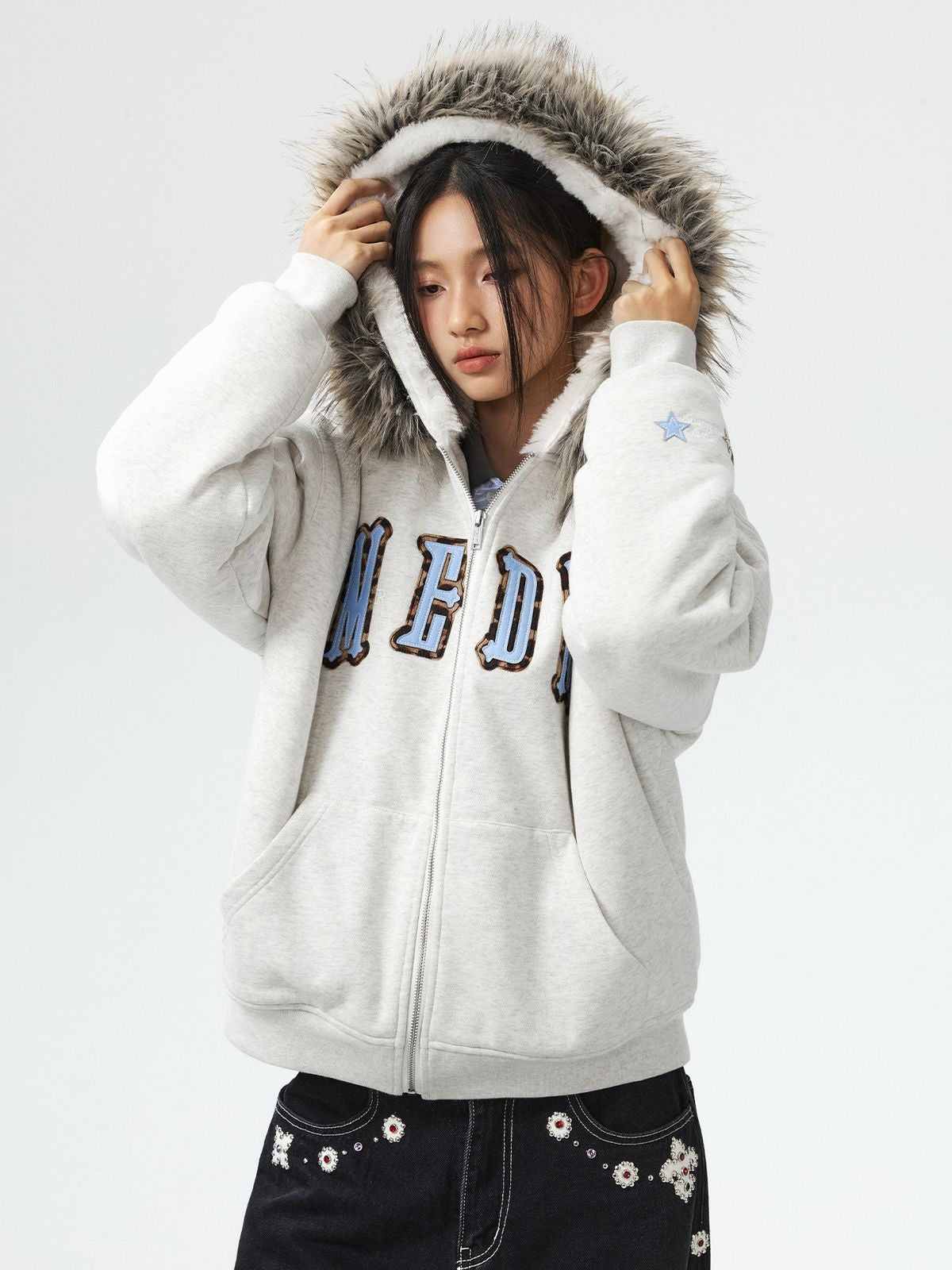 MEDM Horsehair Patch Fur Hood Jacket in Gray - On Female Model