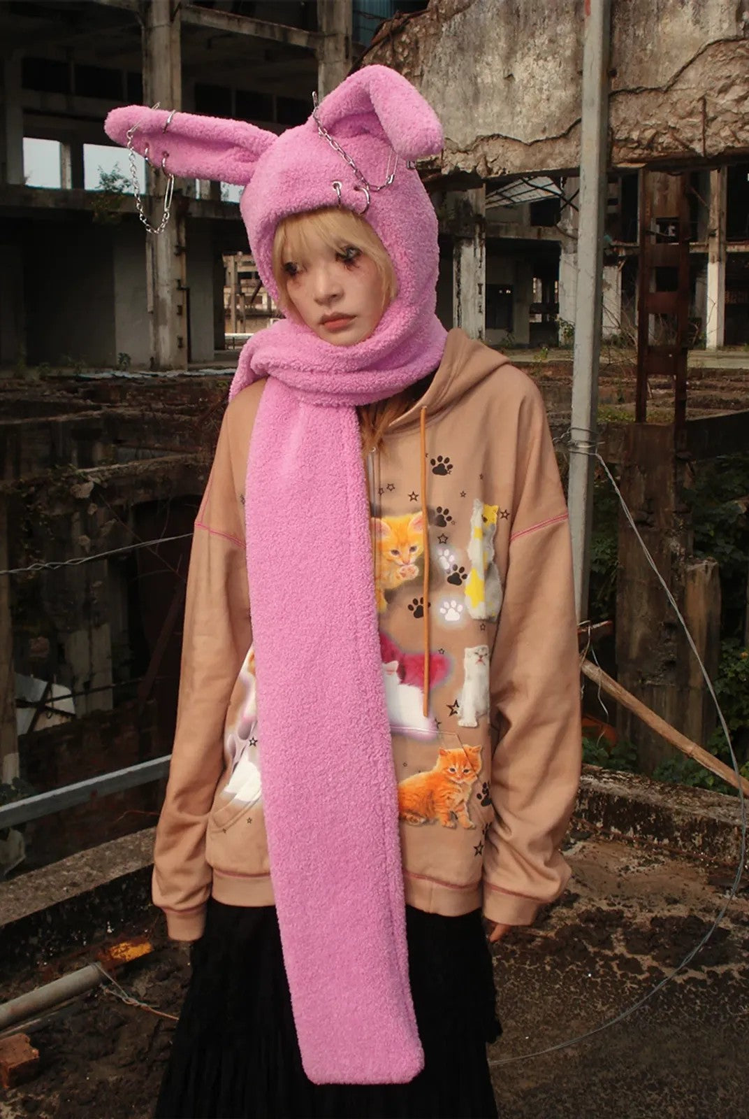 CFIERCE Plush Bunny Scarf Hat in Pink - Lifestyle
