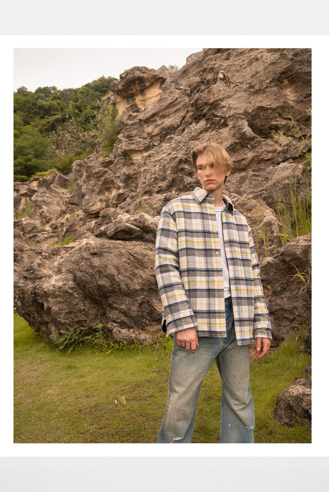 Roolrren Homme Padded Wool Plaid Shirt Jacket in Gray - On Model