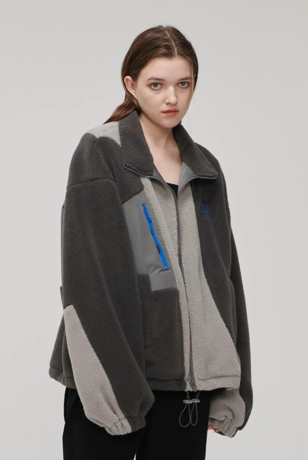 LOSTCTRL High Neck Color Block Sherpa Jacket in Gray - On Model