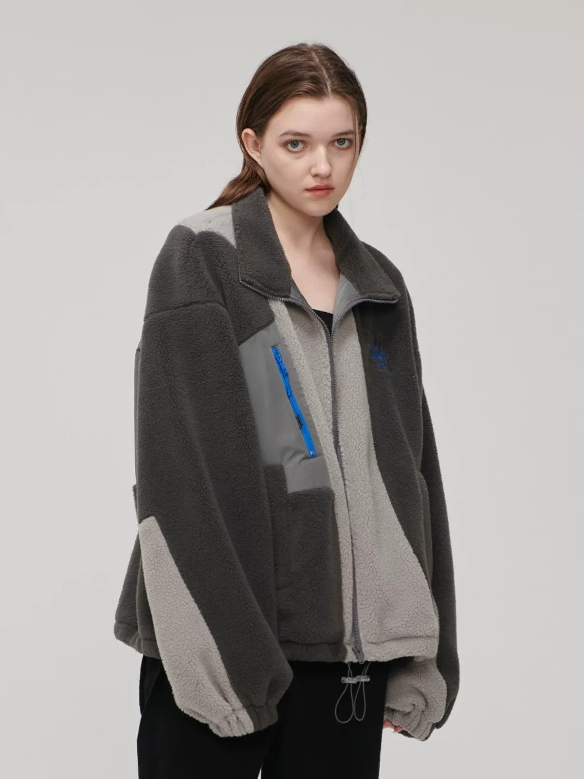 LOSTCTRL High Neck Color Block Sherpa Jacket in Gray - On Model