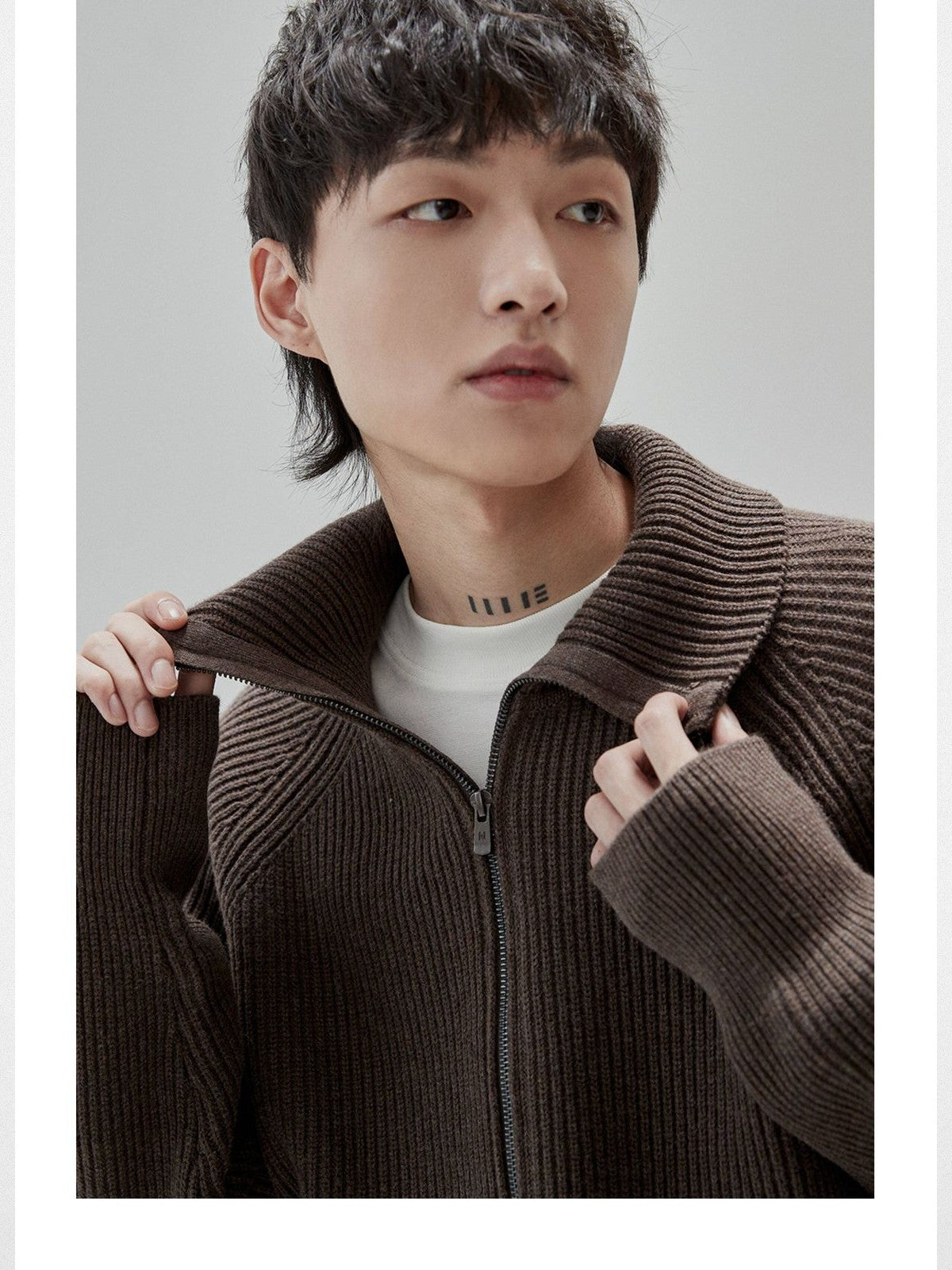 NANS Heavyweight Raglan Zip Cardigan in Brown - On Model