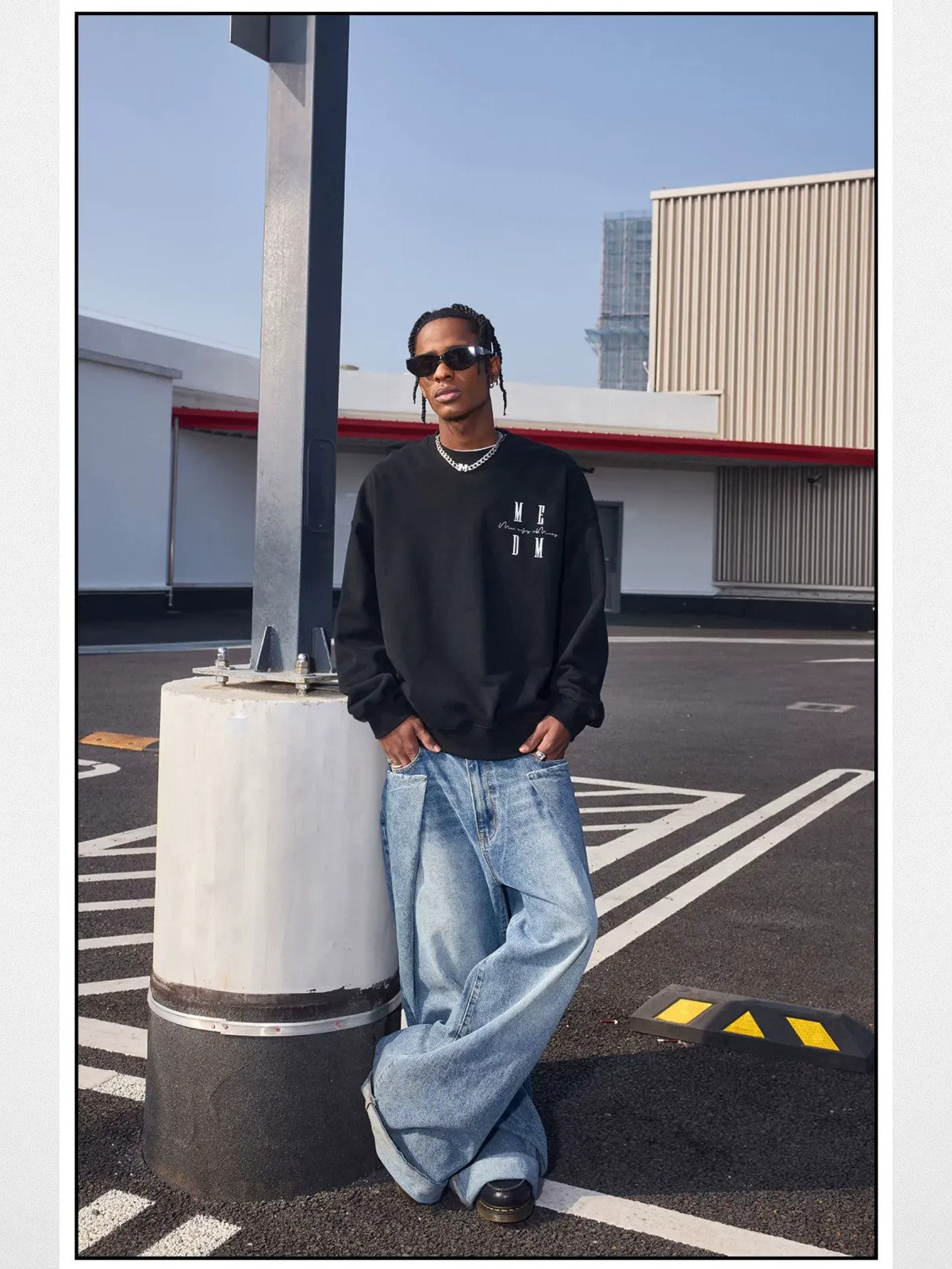 MEDM Oversized Logo Crewneck Sweatshirt in Black