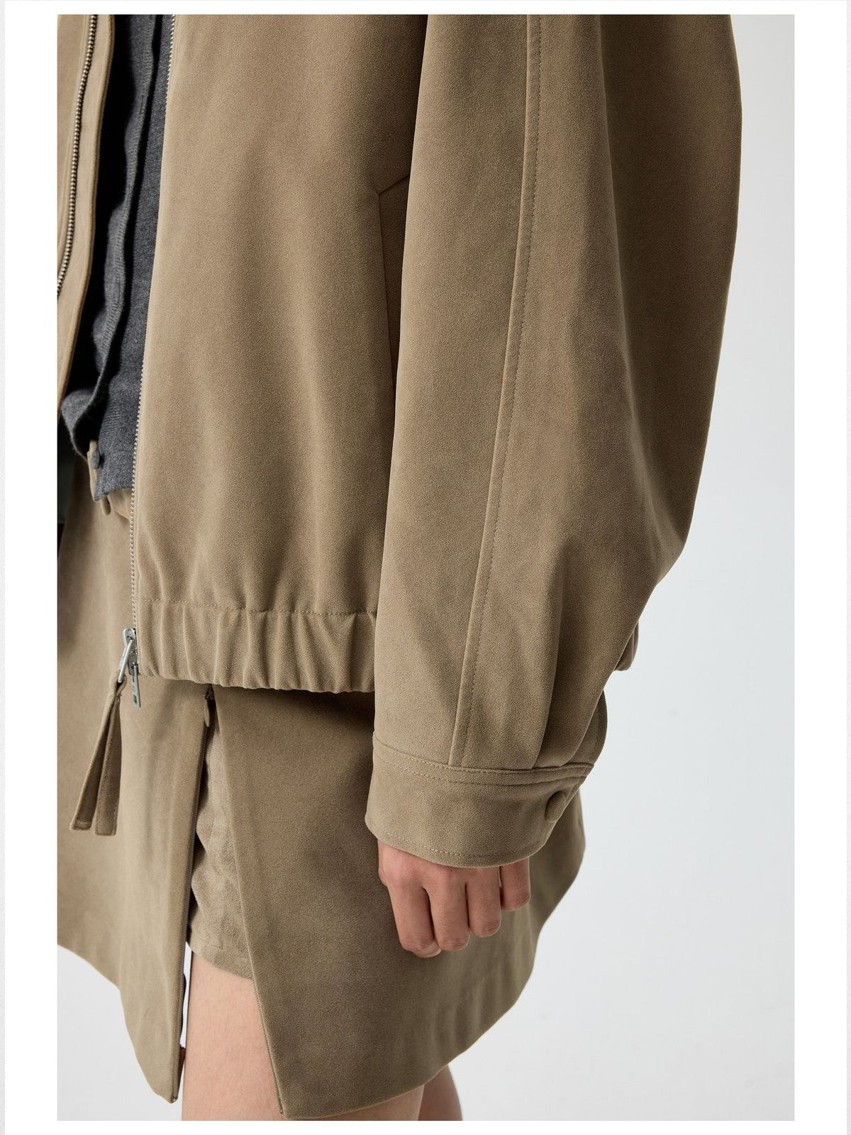 Simple Project Suede Texture Raglan Jacket in Khaki - On Female Model