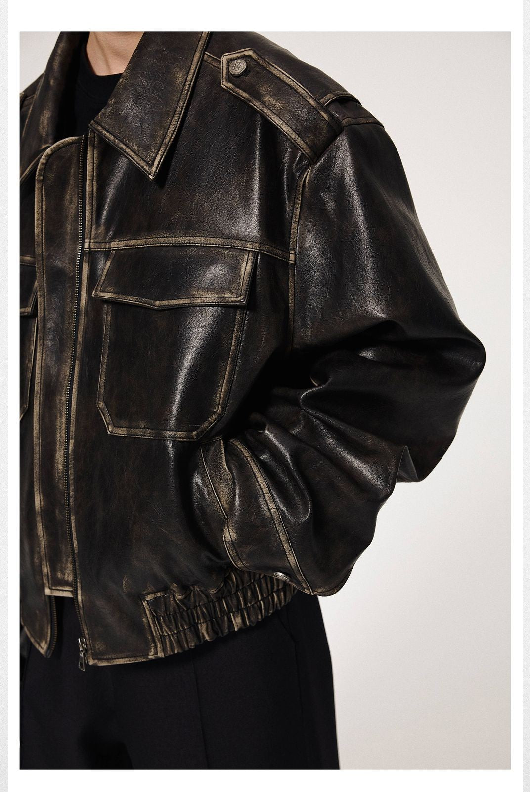 UNKNOWNWORLD Distressed Padded Eco Leather Jacket in Black - On Model