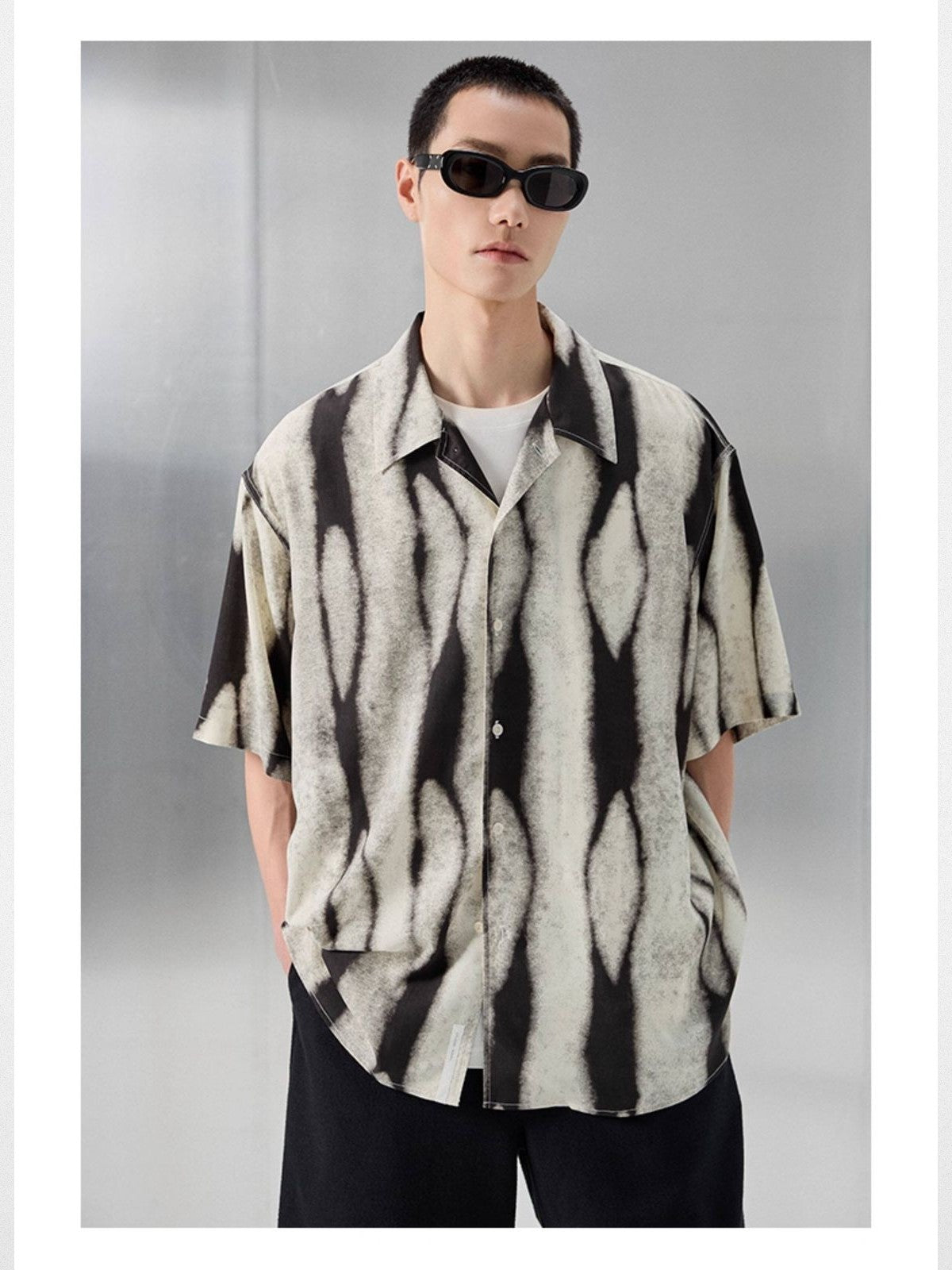 NANS Ink Splash Print Cuban Collar Shirt in Black - On Model