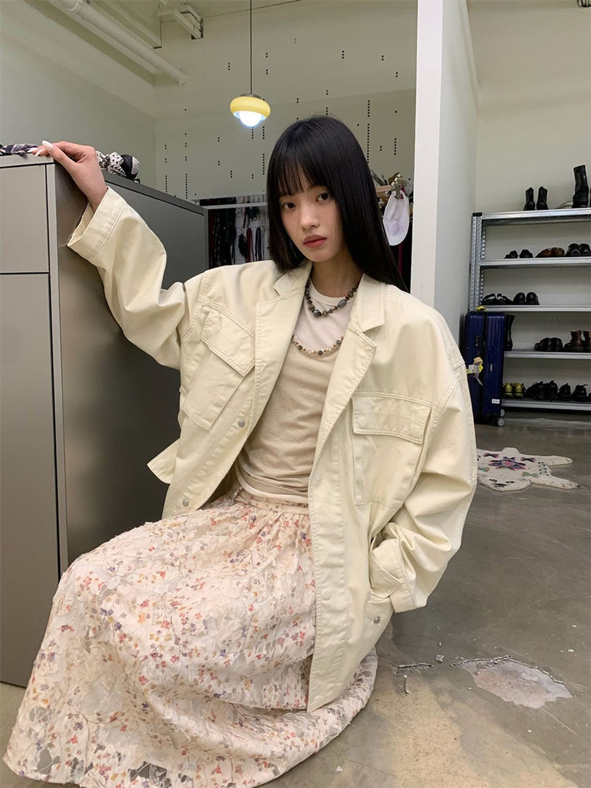 NeverSeez Washed Cotton Workwear Jacket in White - On Female Model