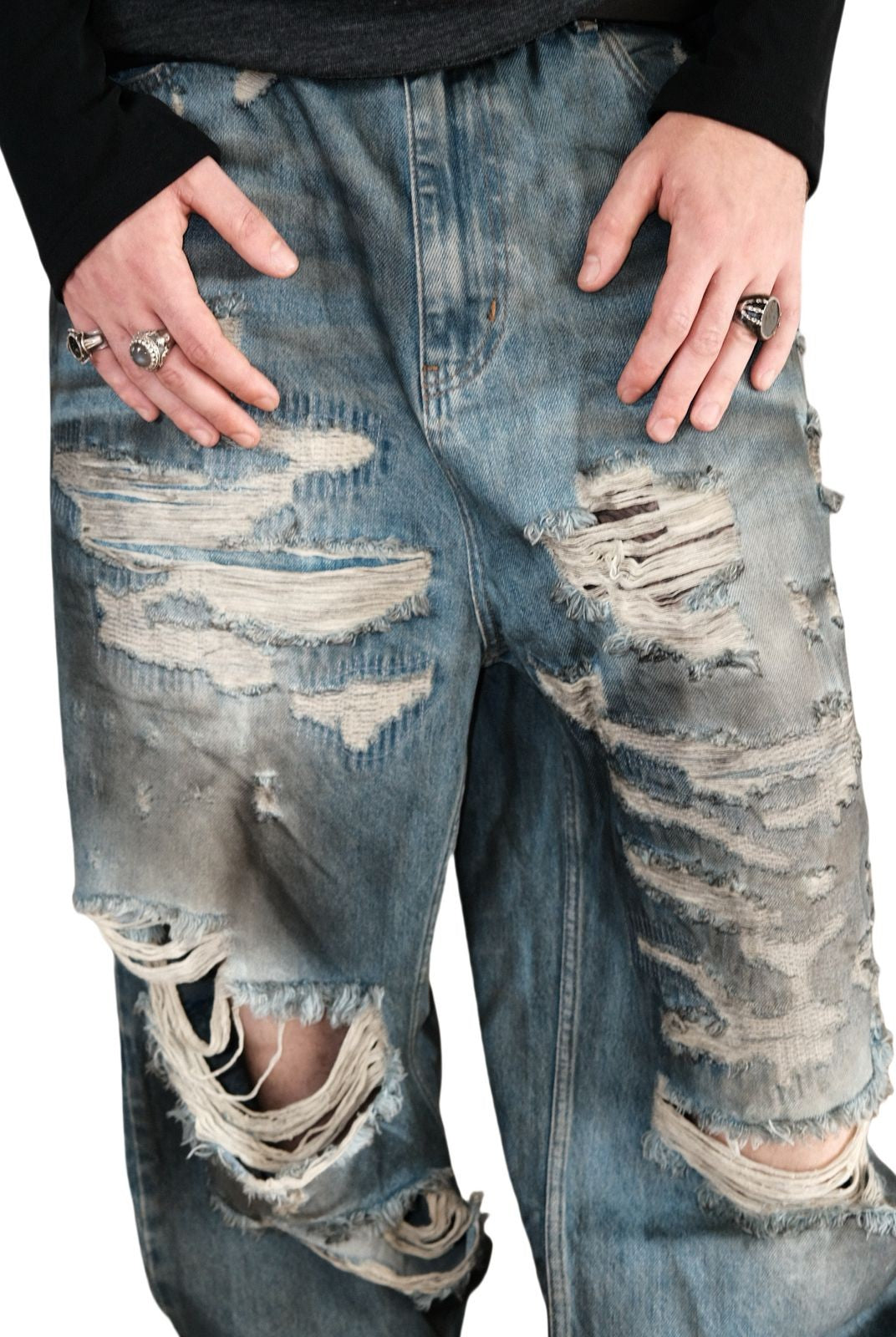 UNKNOWNWORLD Distressed Boro Mud Dyed Jeans in Denim - On Model