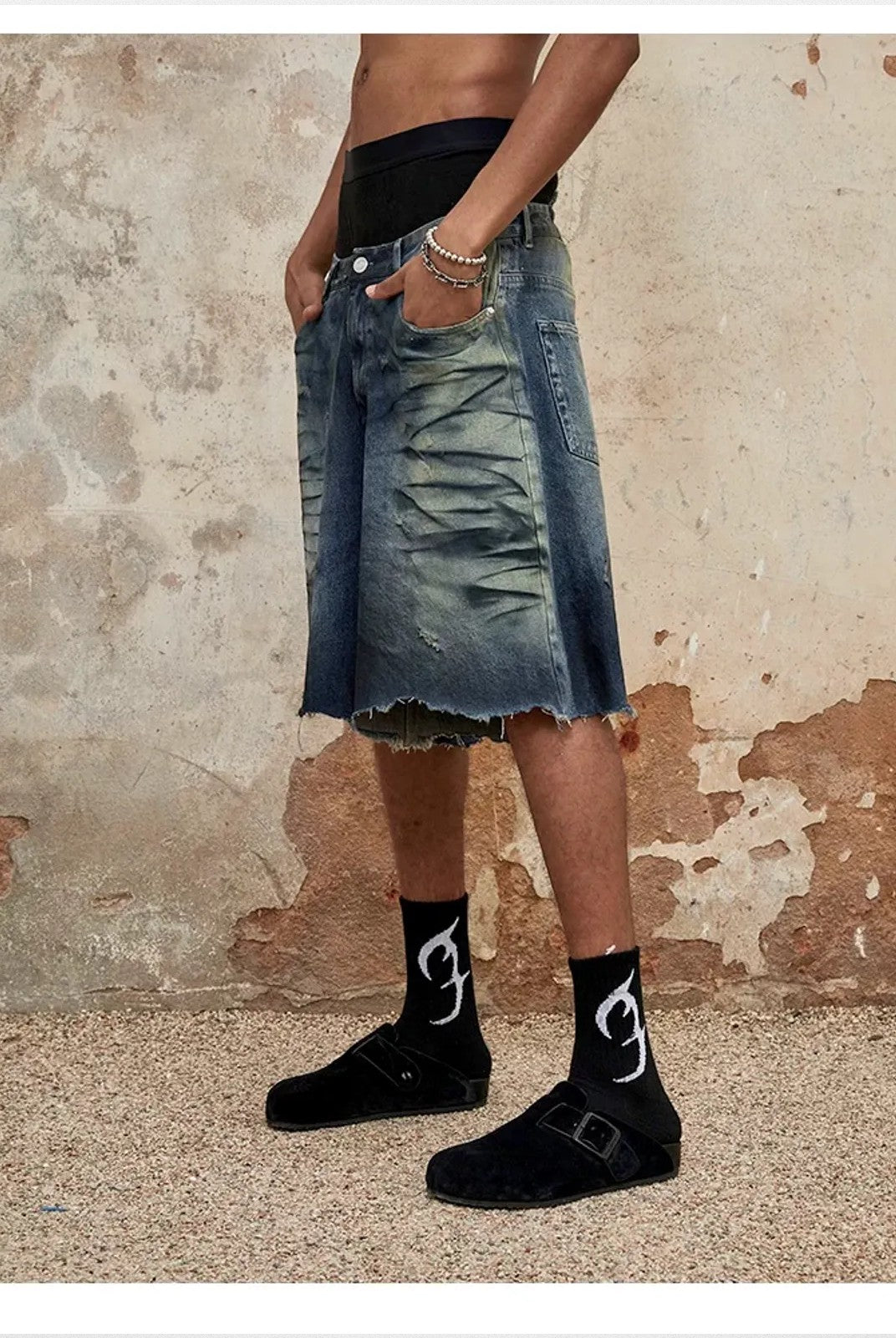 TRIANGLE PROJECT Deconstructed Distressed Denim Shorts in Blue - On Model