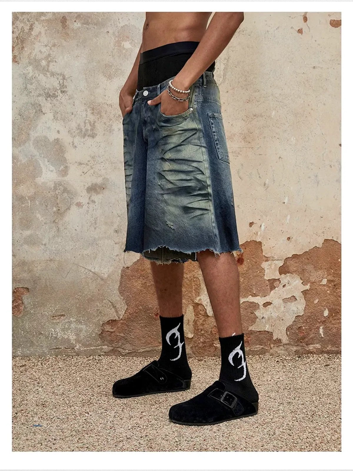 TRIANGLE PROJECT Deconstructed Distressed Denim Shorts in Blue - On Model