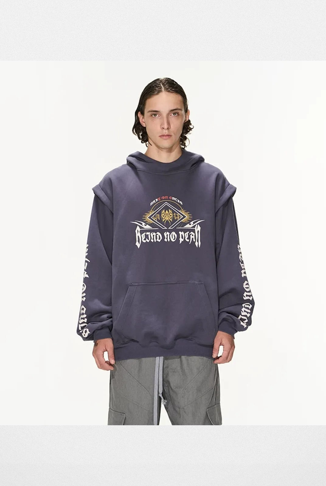 BLINDNOPLAN Faux Two Piece Graphic Hoodie in Navy Blue - On Model