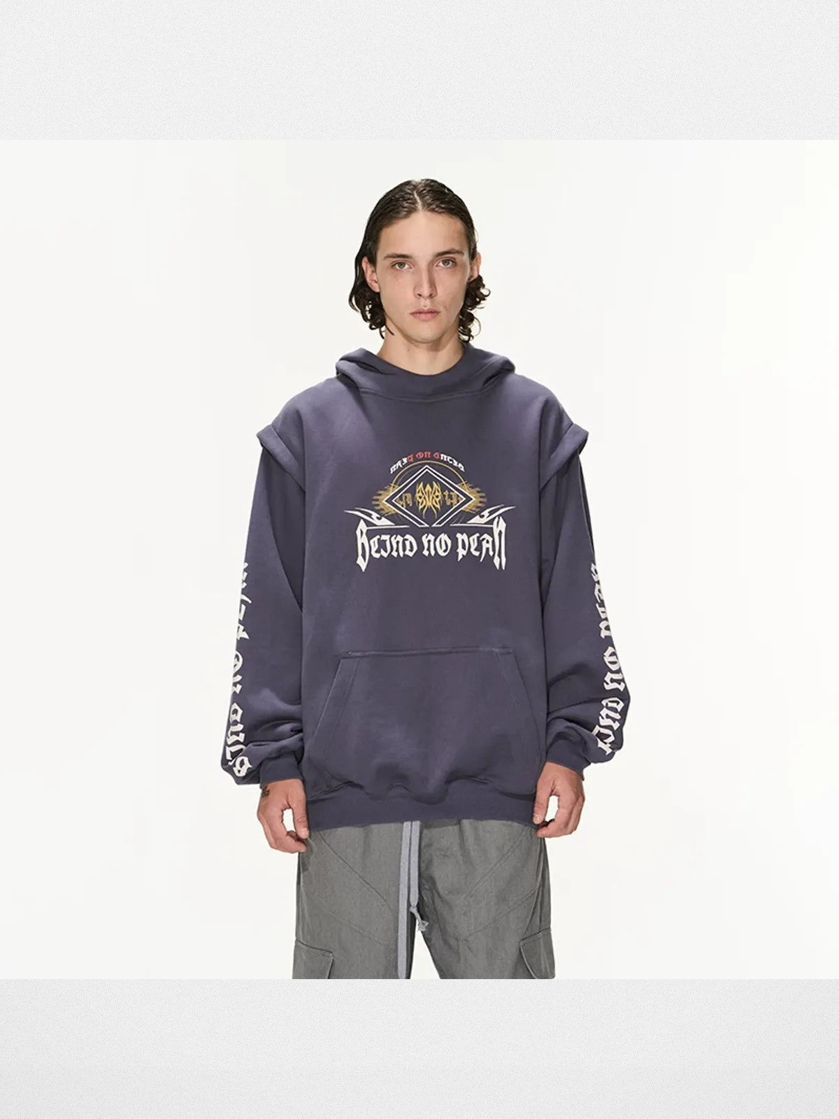 BLINDNOPLAN Faux Two Piece Graphic Hoodie in Navy Blue - On Model