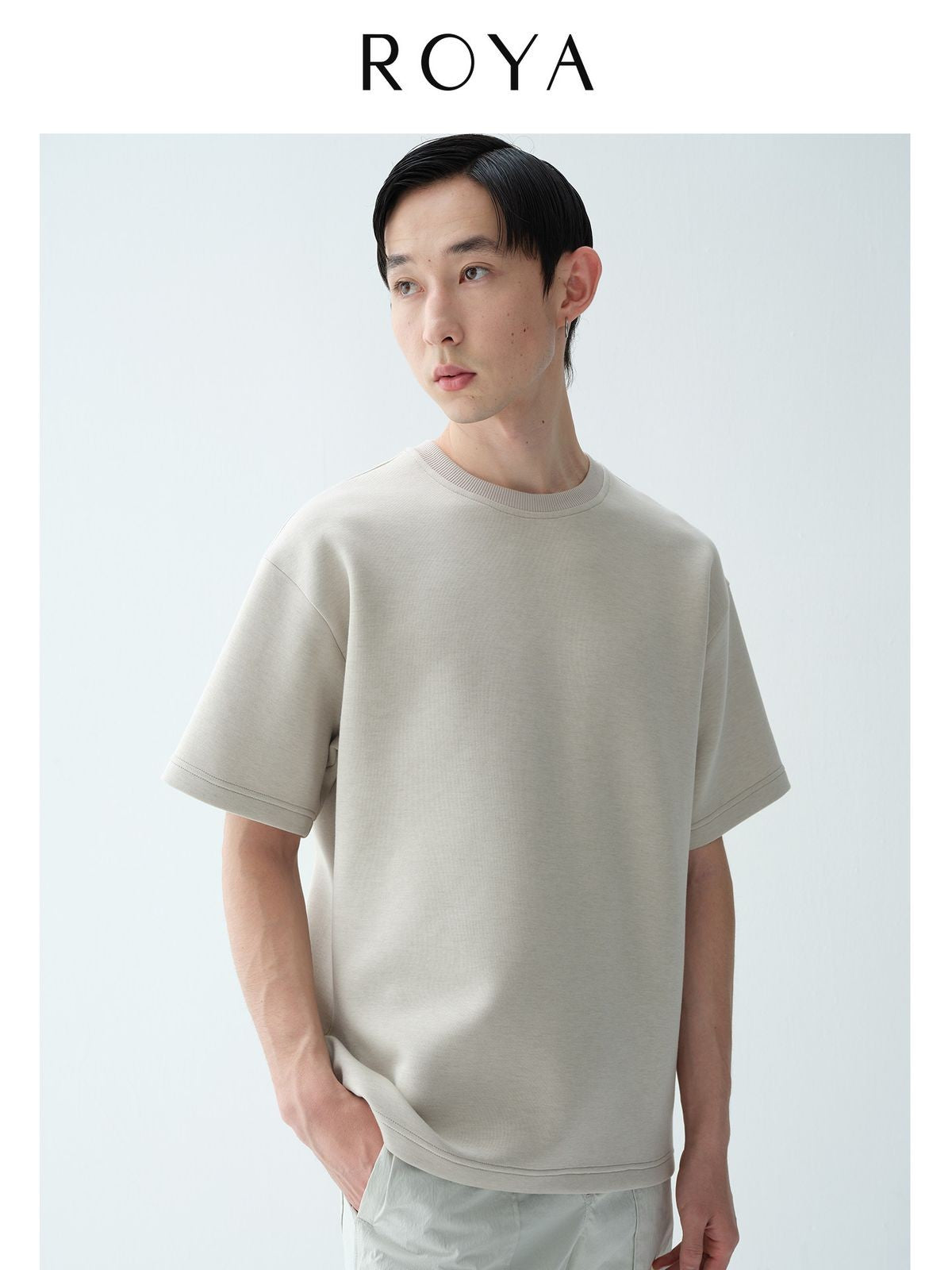 ROYA Modal Wool Blend Air Layer Tee in Beige - On Model