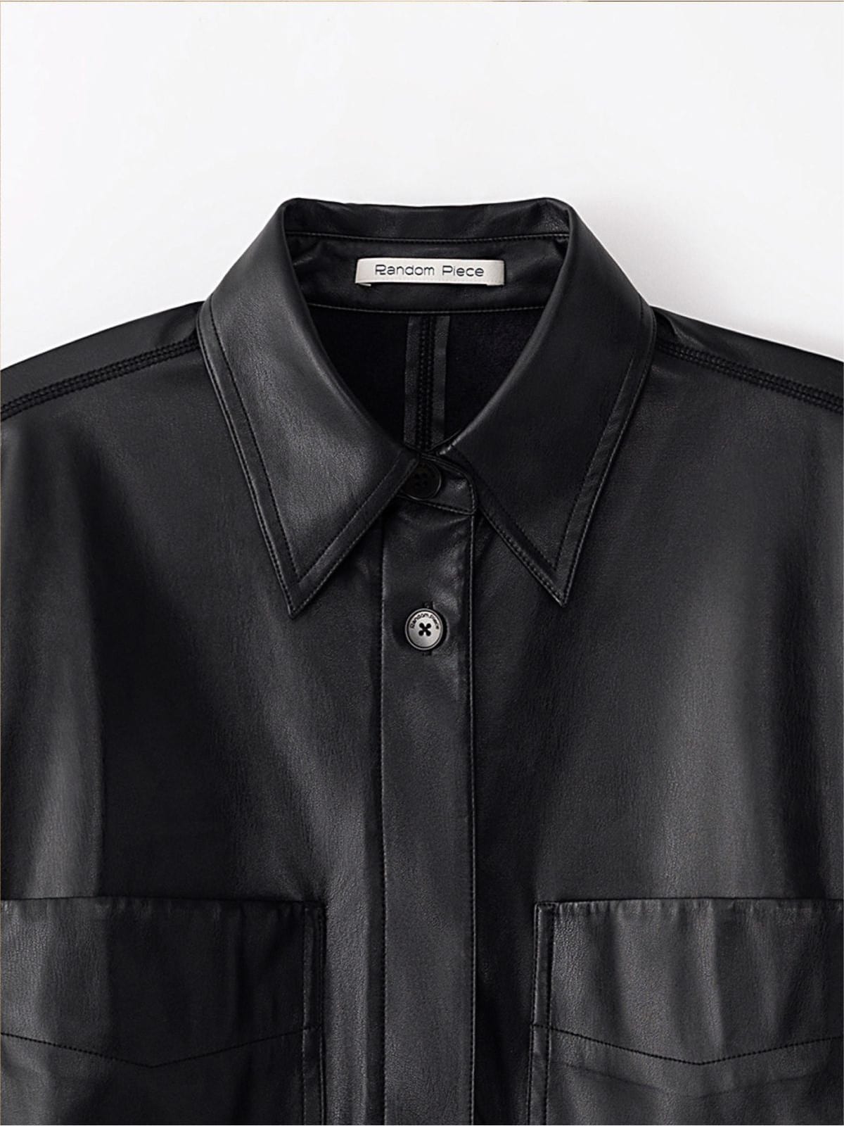 Randompiece Matte PU Leather Short Sleeve Shirt Jacket in Black - Detail