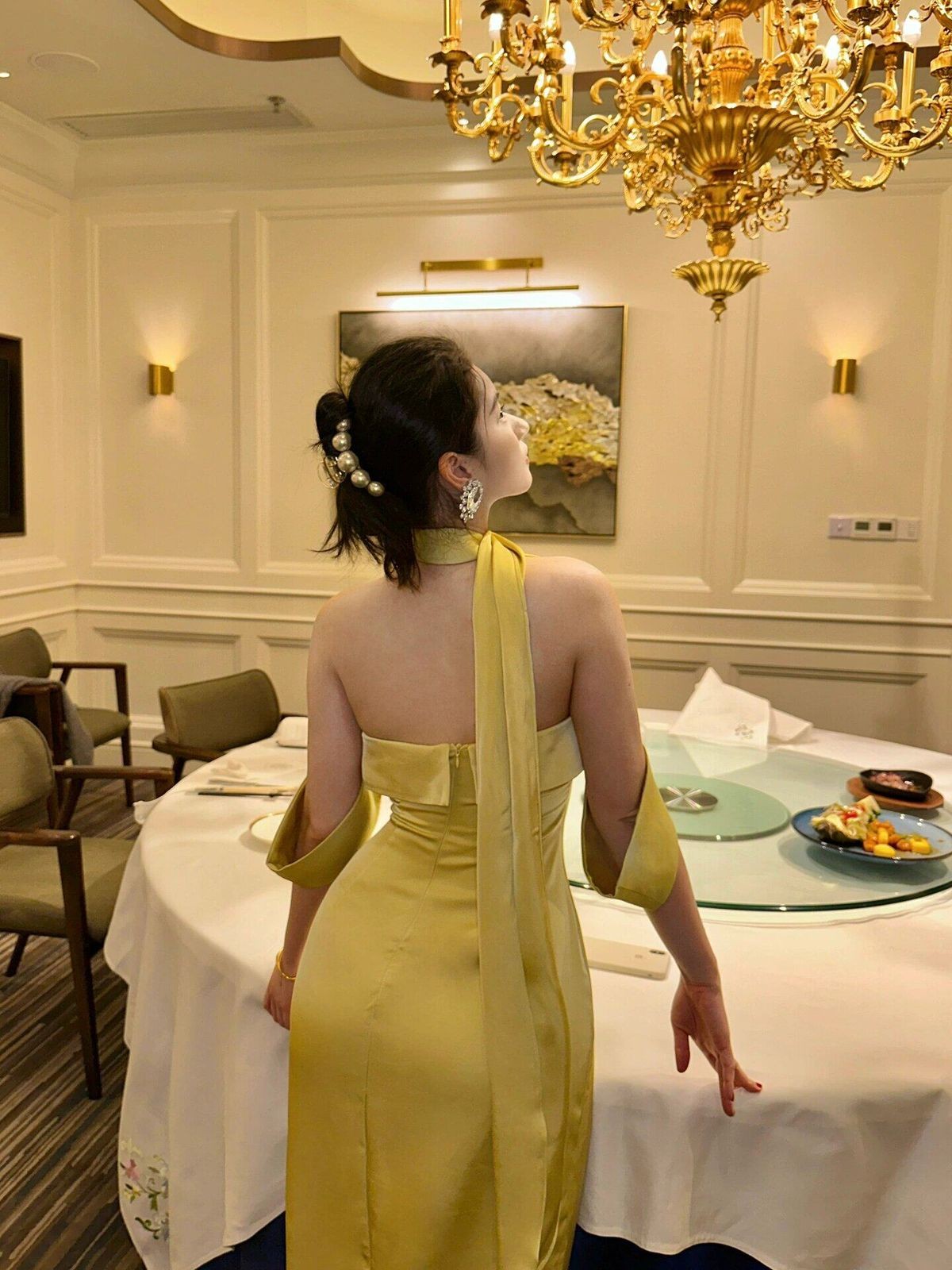 1S STUDIO Acetate Satin Strapless Dress in Yellow - On Model