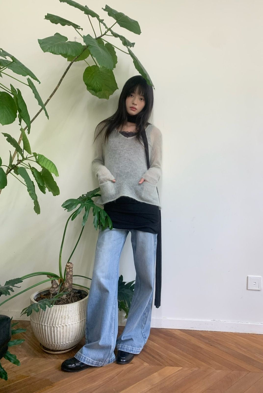 NeverSeez Hand Distressed Micro Flare Jeans in Light Blue