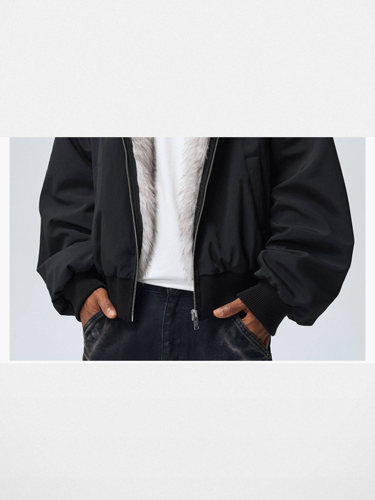 MEDM Faux Fur Trim Padded Jacket in Black - On Male Model