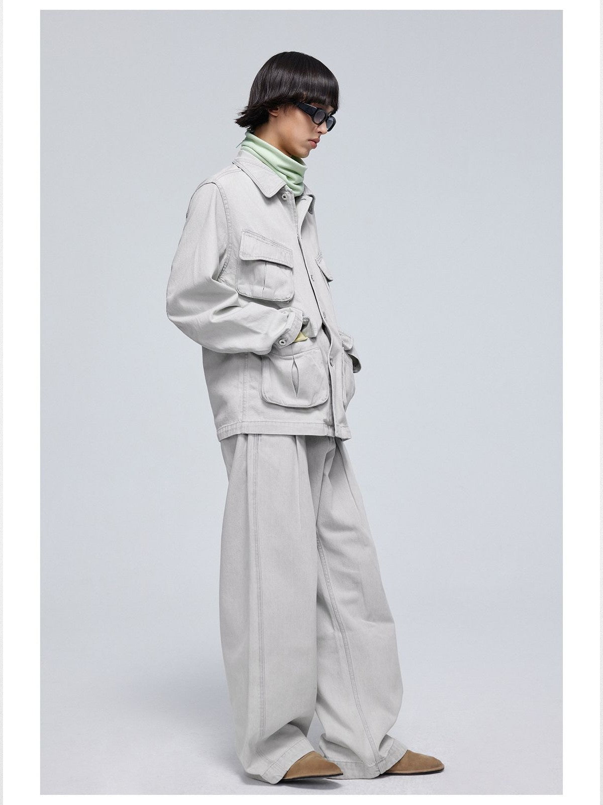 Simple Project Washed Four Pocket Denim Jacket in White - On Male Model