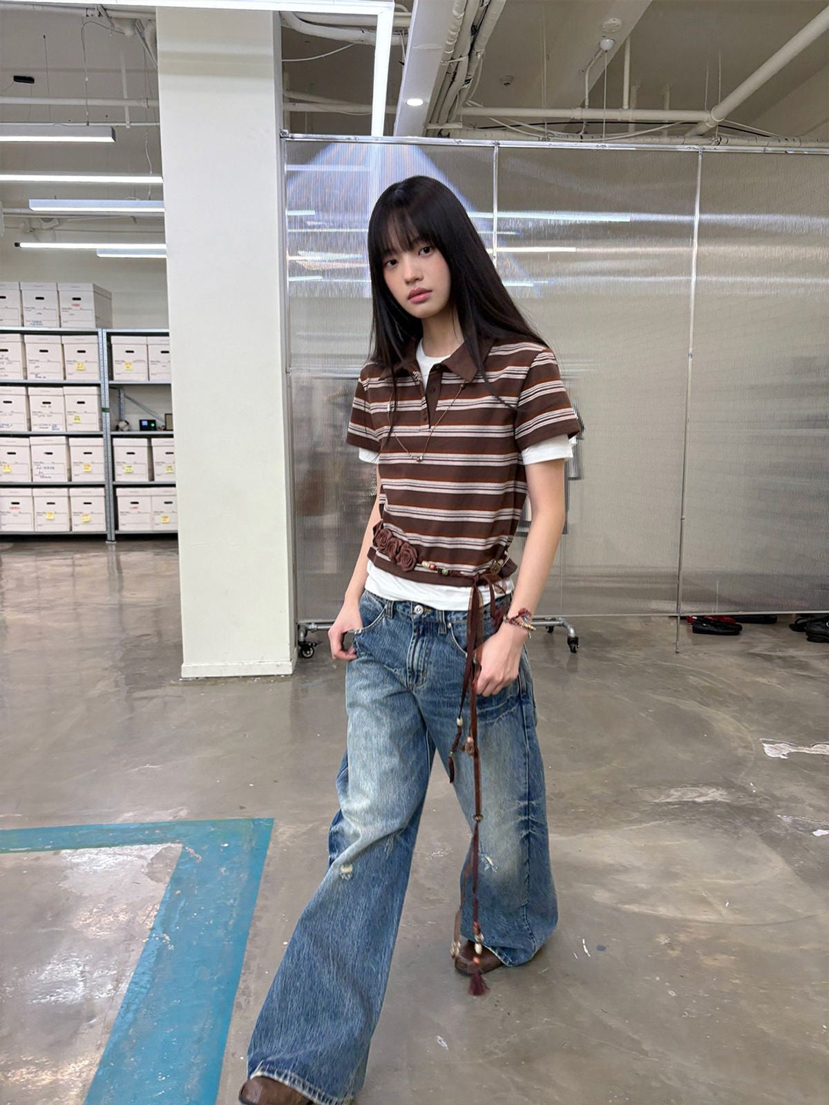 NeverSeez Striped Drawstring Cropped Polo in Brown - On Model