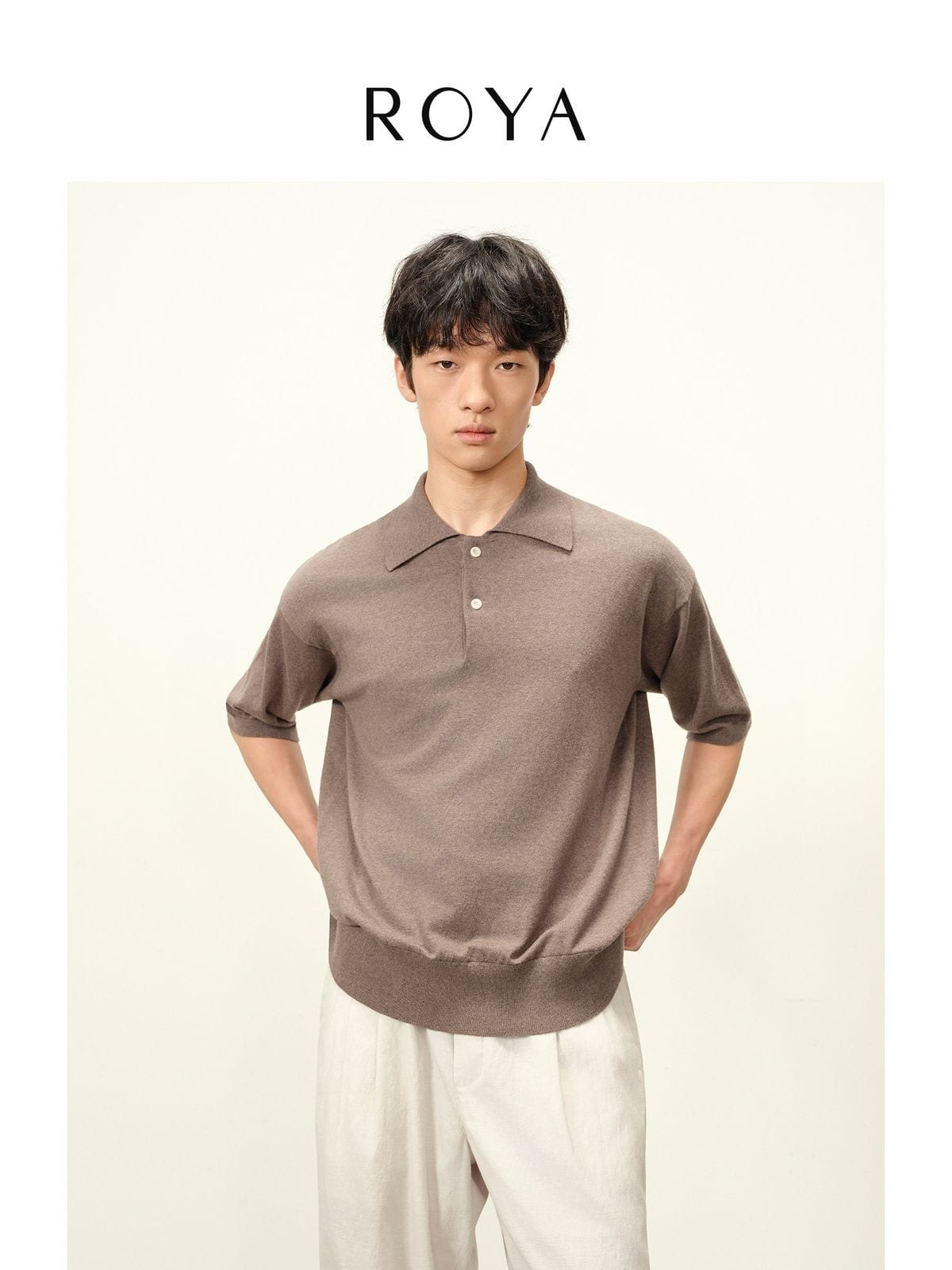 Roya Cashmere Blend Knit Polo in Taupe - On Model